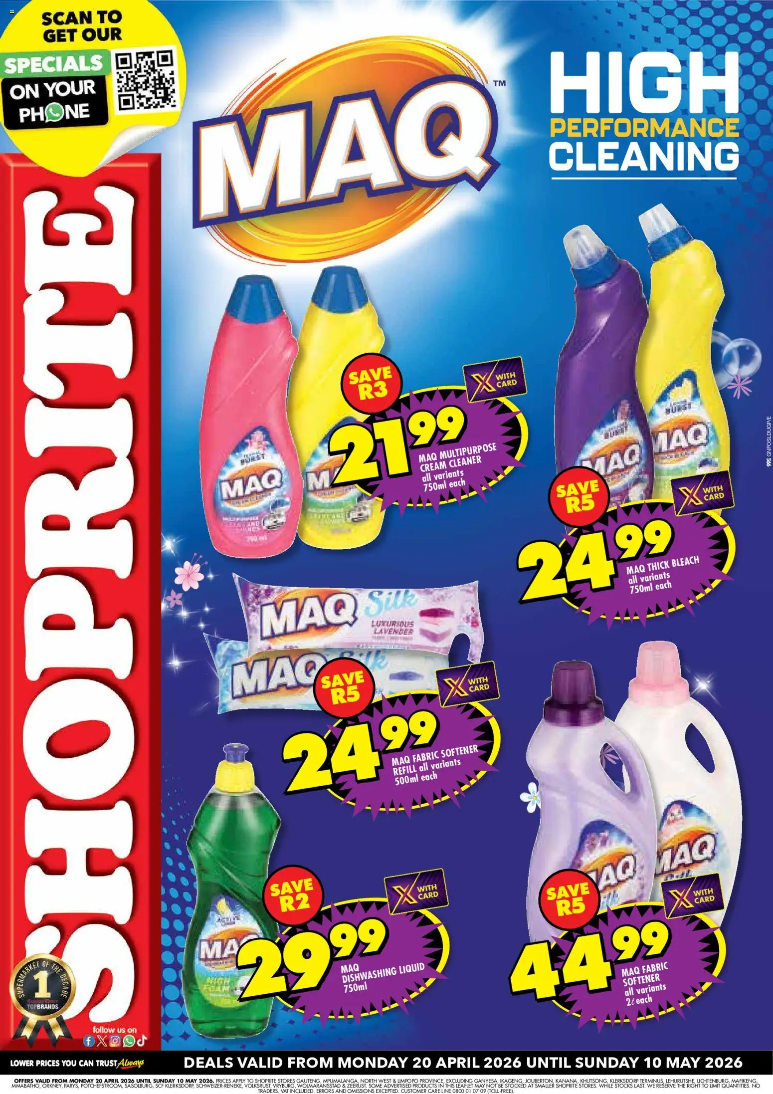 New Shoprite catalogue – valid from 20.04.2026 | Page: 1 | Products: Phone, Bleach, Cream, Fabric softener
