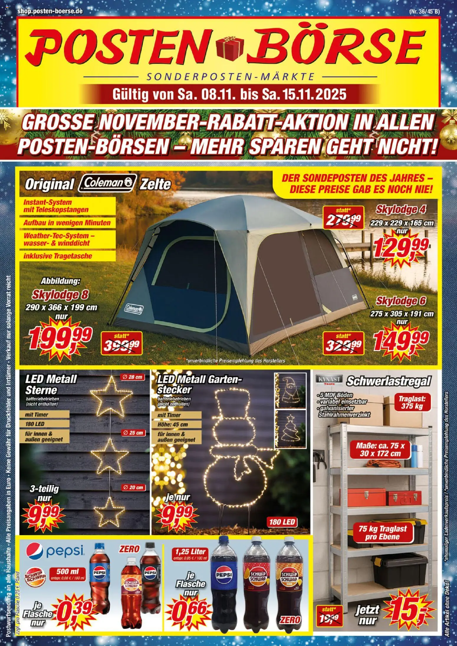 Posten Börse Prospekt – gültig ab 08.11.2025 | Seite: 1 | Produkte: Wasser, Schwerlastregal, Pepsi