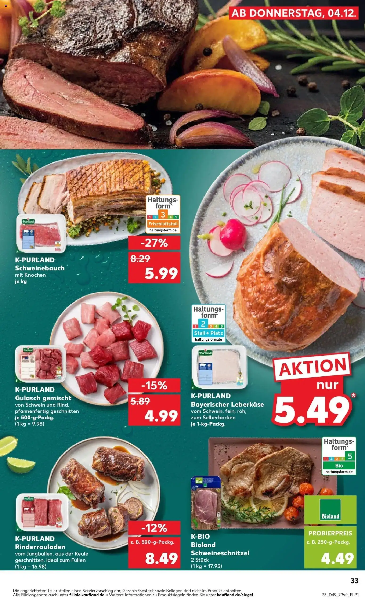 Kaufland prospekt Fulda	 – gültig ab 08.12.2025 | Seite: 33 | Produkte: Rinderrouladen, Schweinebauch, Gulasch, Leberkase