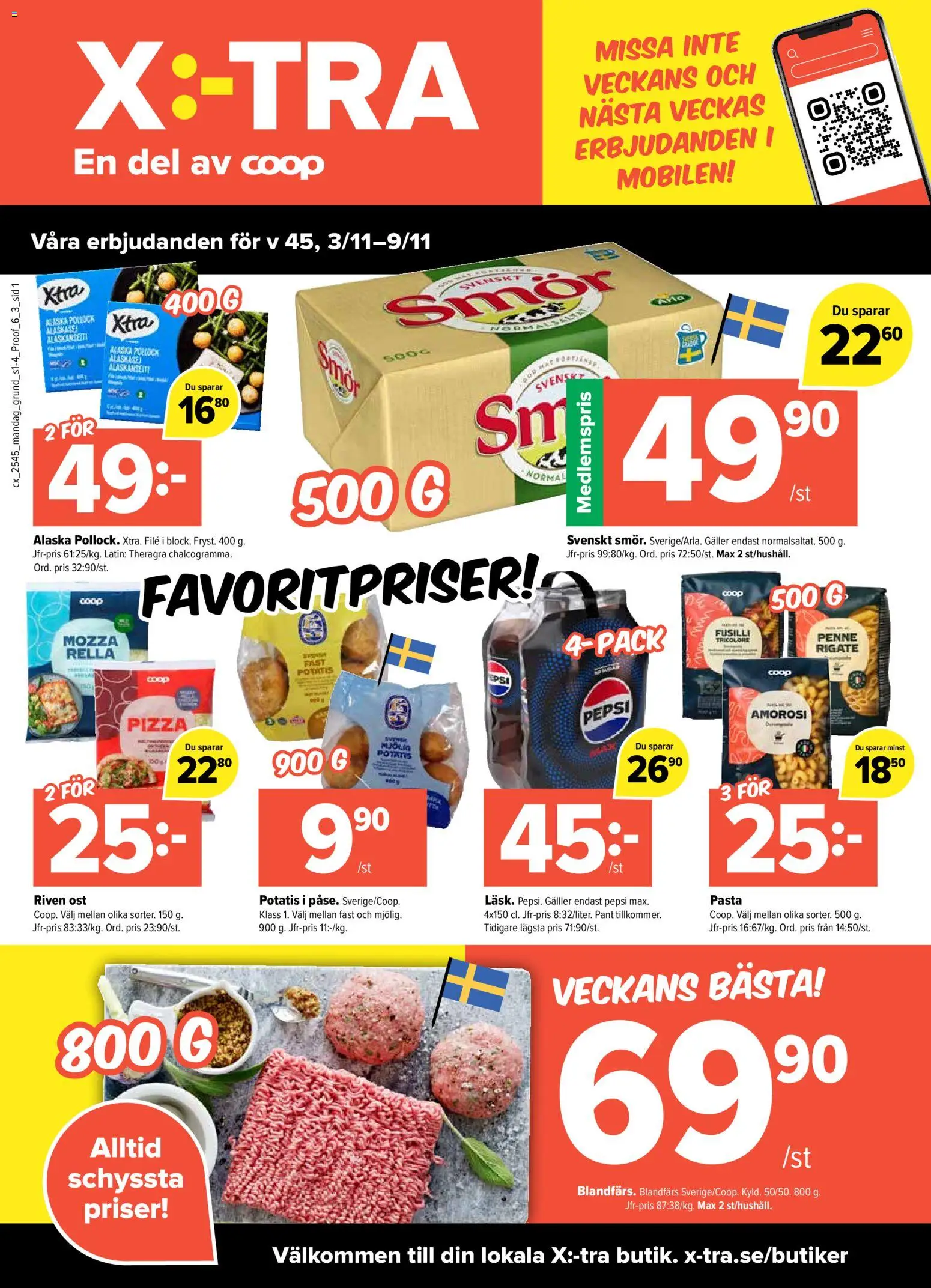 Coop X:-TRA reklamblad aktuell från 03.11.2025 | Sida: 1 | Produkter: Galler, Pepsi, Smör, Pizza