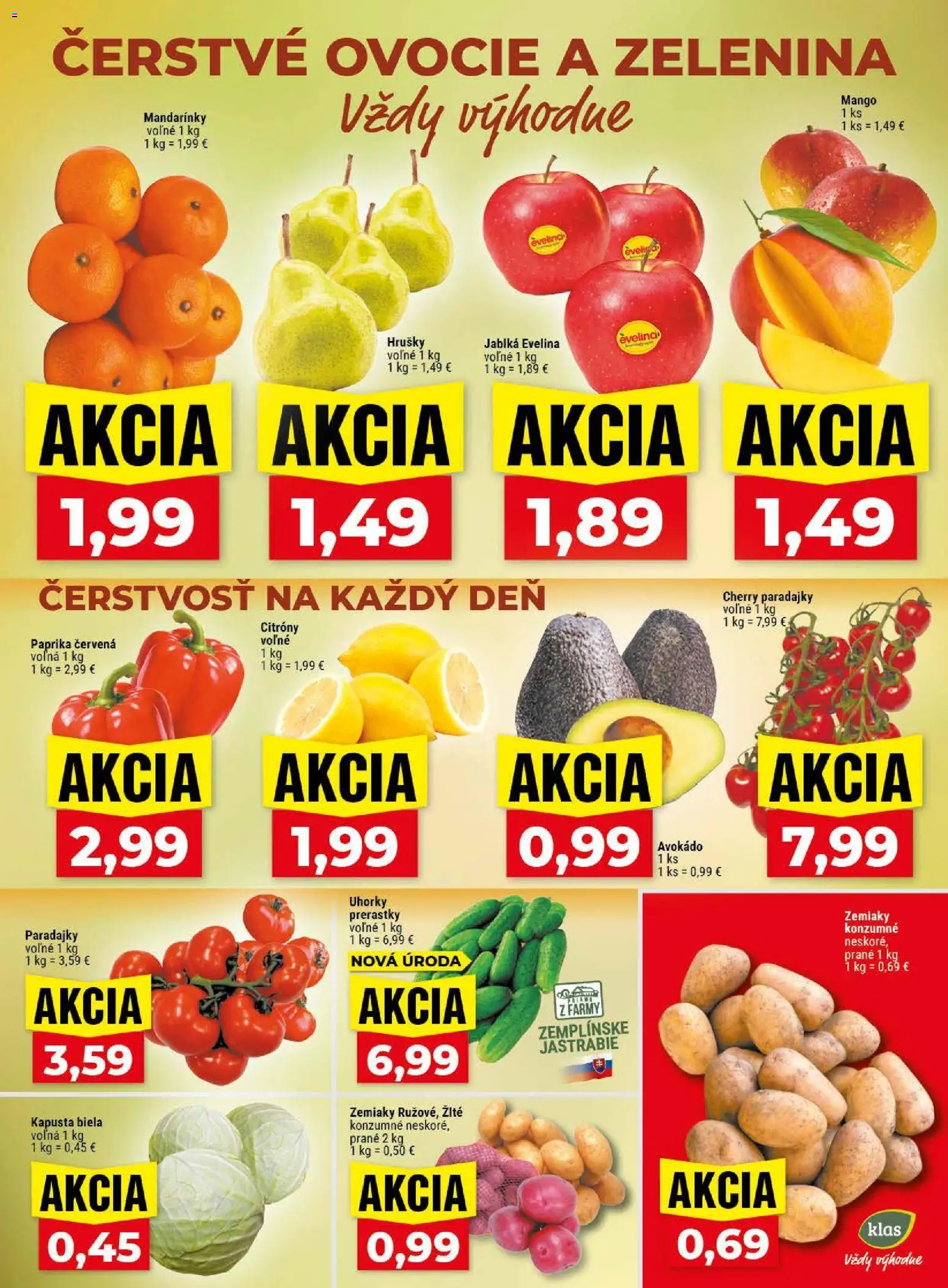 Nové Klas akcie – leták je platný od 13.04.2026 | Strana: 3 | Produkty: Paprika, Kapusta, Mango, Cherry paradajky