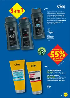 Pré-visualização CIEN Gel para Cabelo, Gel modelador para cabelo. Wet-Look - Nível 4 para um penteado duradouro e brilhante com efeito molhado. Control Total - Nível 5 para uma fixação extrema durante 24h. Estilo profissional, sem colar. válido de 16.03.2026 | Página: 19 | Produtos: Fragrância, Shampoo, Gel para cabelo
