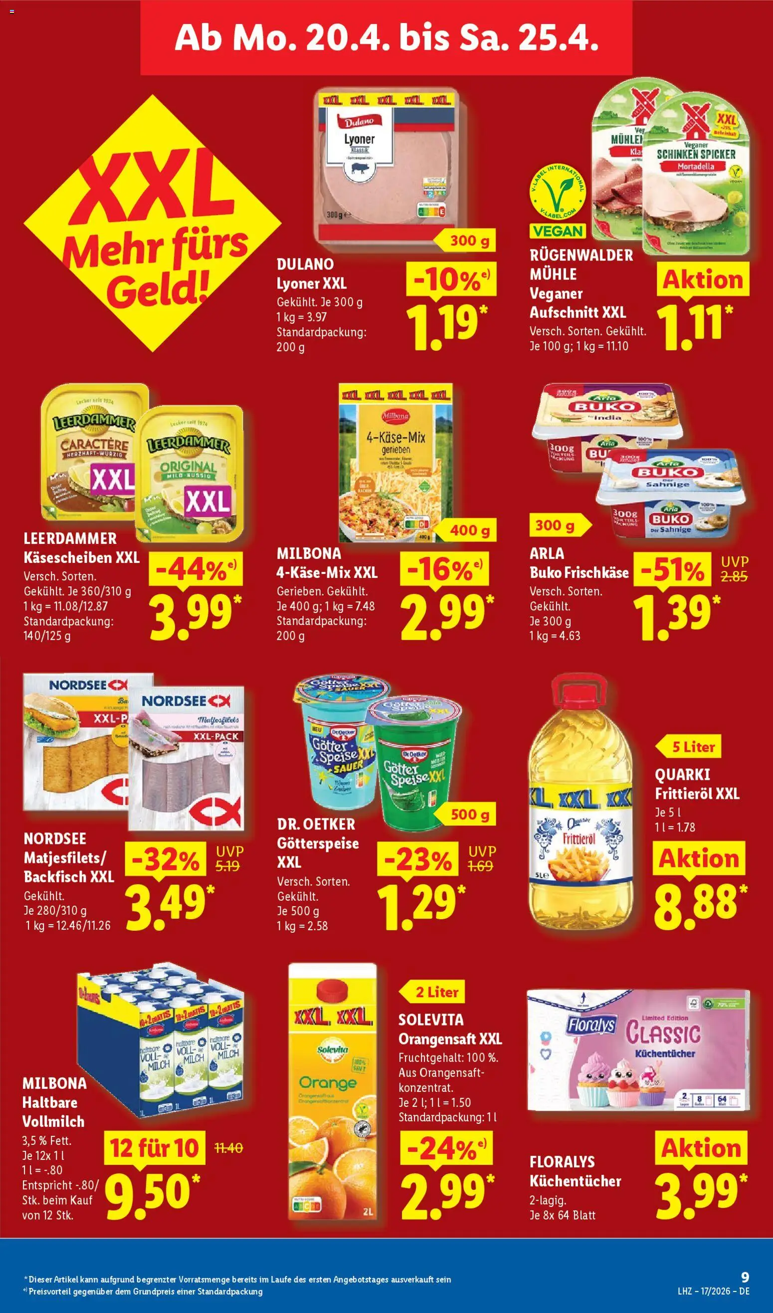 Lidl Německo leták od 20.04.2026 | Strana: 17 | Produkty: Milbona, Solevita, Leerdammer, Mortadella