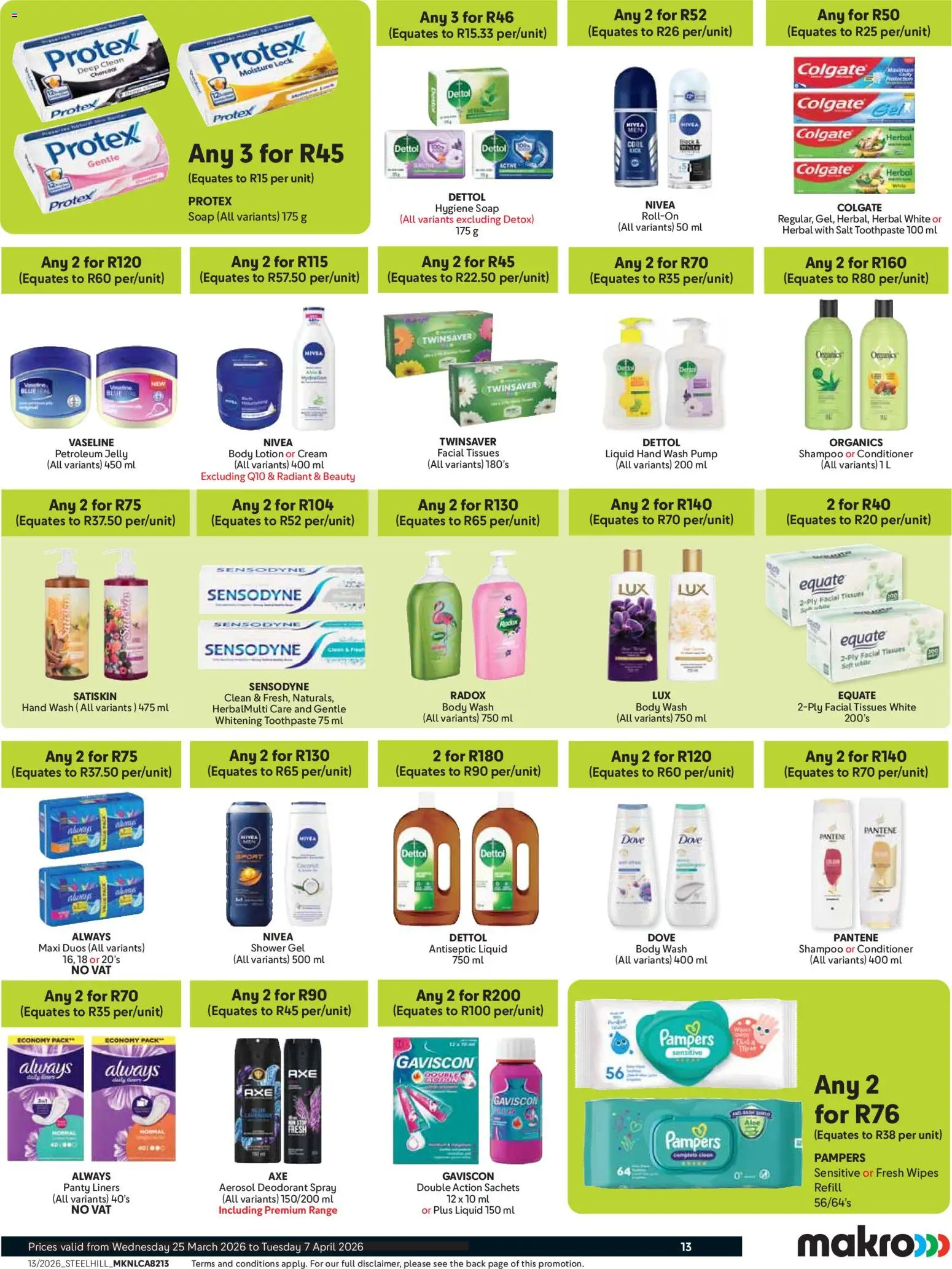 New Makro catalogue – valid from 25.03.2026 | Page: 13 | Products: Antiseptic liquid, Cream, Panty liners, Salt