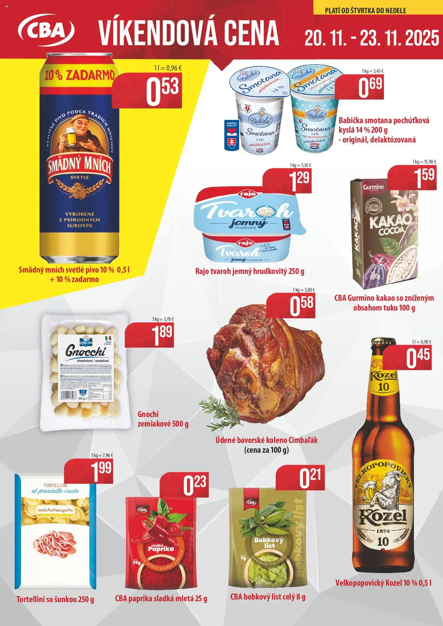 Nové CBA Komfos akcie – leták je platný od 20.11.2025 | Strana: 1 | Produkty: Paprika, Pivo, Smotana, Tvaroh