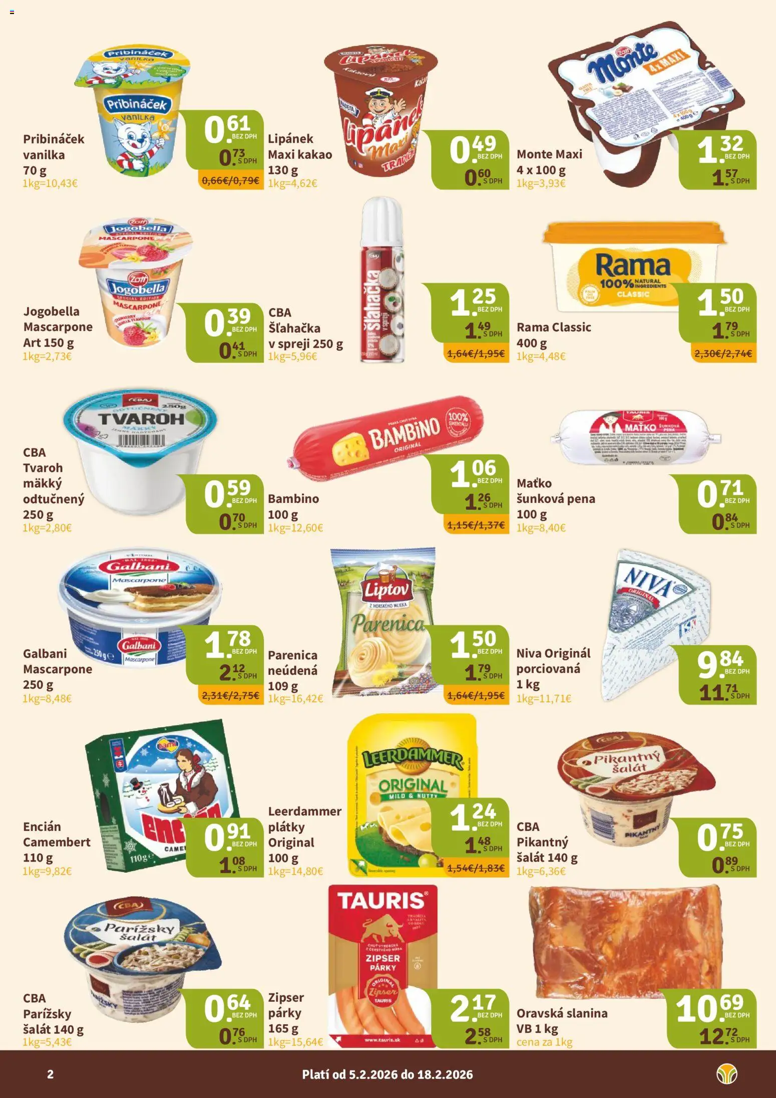 Nové Nitrazdroj akcie – leták je platný od 05.02.2026 | Strana: 2 | Produkty: Šalát, Párky, Mascarpone, Kakao