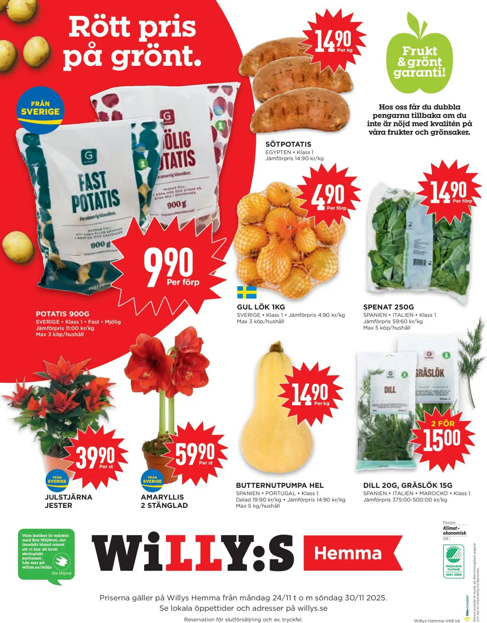 Willys reklamblad aktuell från 24.11.2025 | Sida: 4 | Produkter: Gräslök, Spenat, Gul lök, Sötpotatis