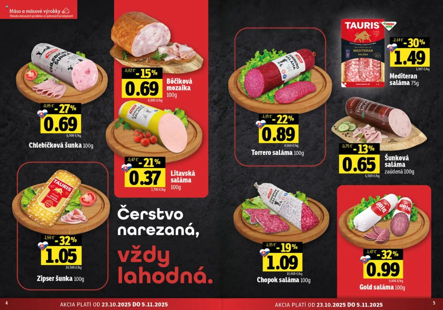 Nové Fresh akcie – leták je platný od 23.10.2025 | Strana: 3 | Produkty: Saláma, Šunka