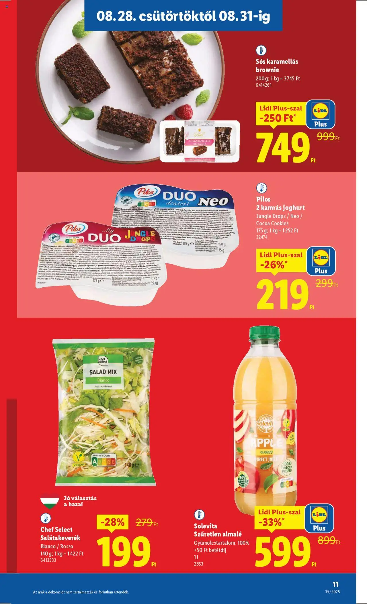 Lidl akciós ujság - amely érvényes a következő dátumtól: 28.08.2025 | Oldal: 11 | Termékek: Sál, Joghurt, Brownie, Almalé