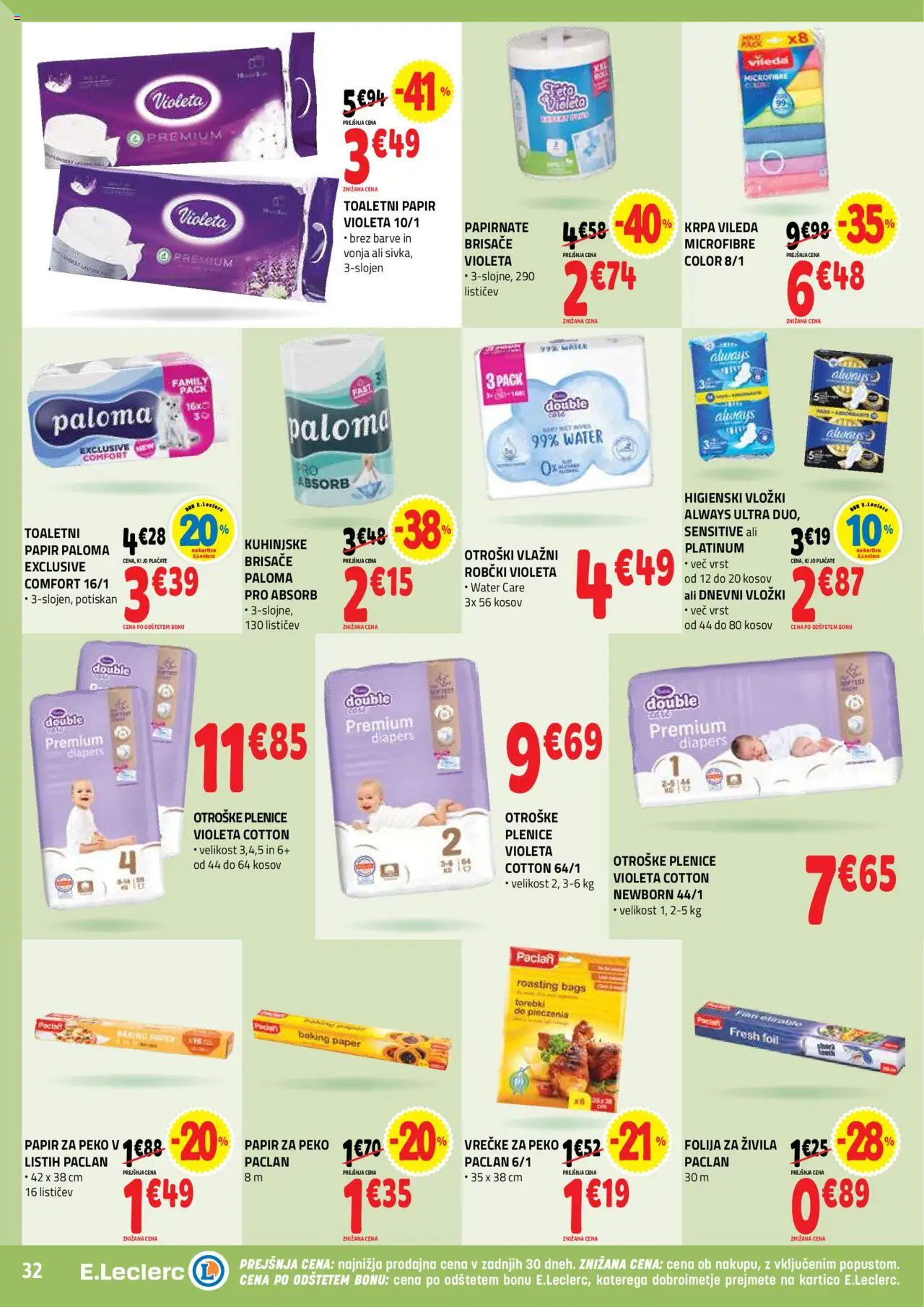 Novi E.leclerc katalog ponudbe – veljaven od 08.10.2025 | Stran: 32 | Izdelki: Higienski vložki, Toaletni papir, Vložki, Folija