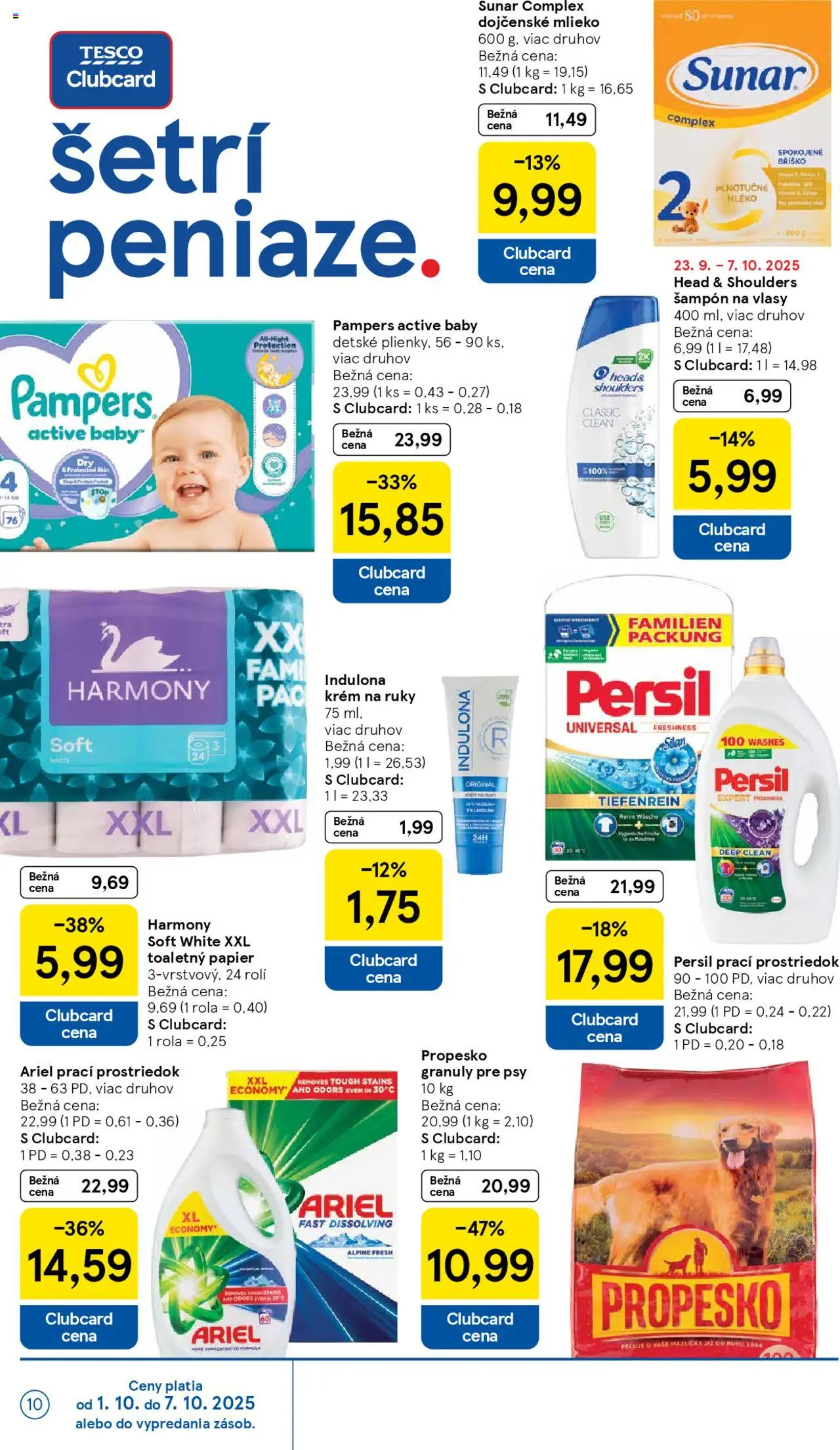 Nové Tesco akcie – leták je platný od 01.10.2025 | Strana: 10 | Produkty: Toaletný papier, Krém na ruky, Ariel, Pampers