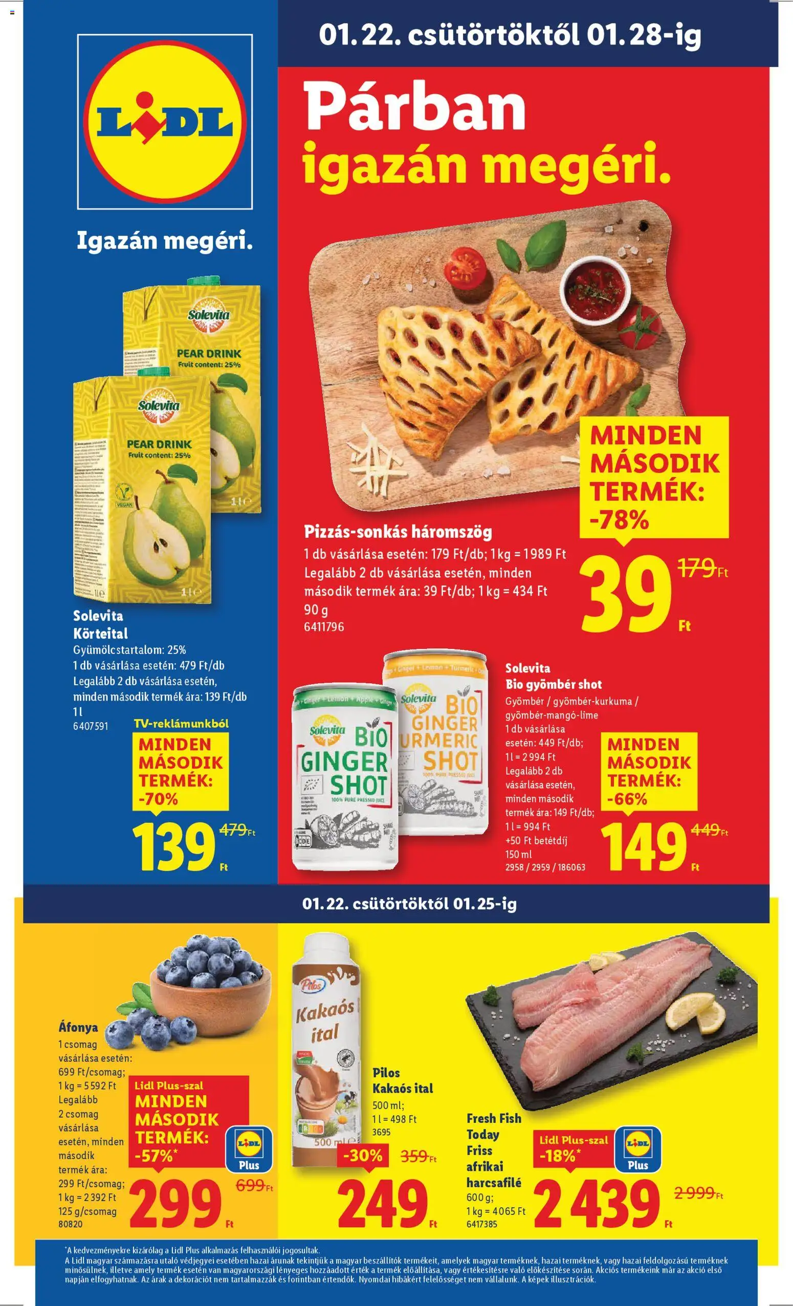 Lidl akciós ujság - amely érvényes a következő dátumtól: 22.01.2026 | Oldal: 1 | Termékek: Afrikai harcsafilé, Gyömbér shot, Pizza, Vegán