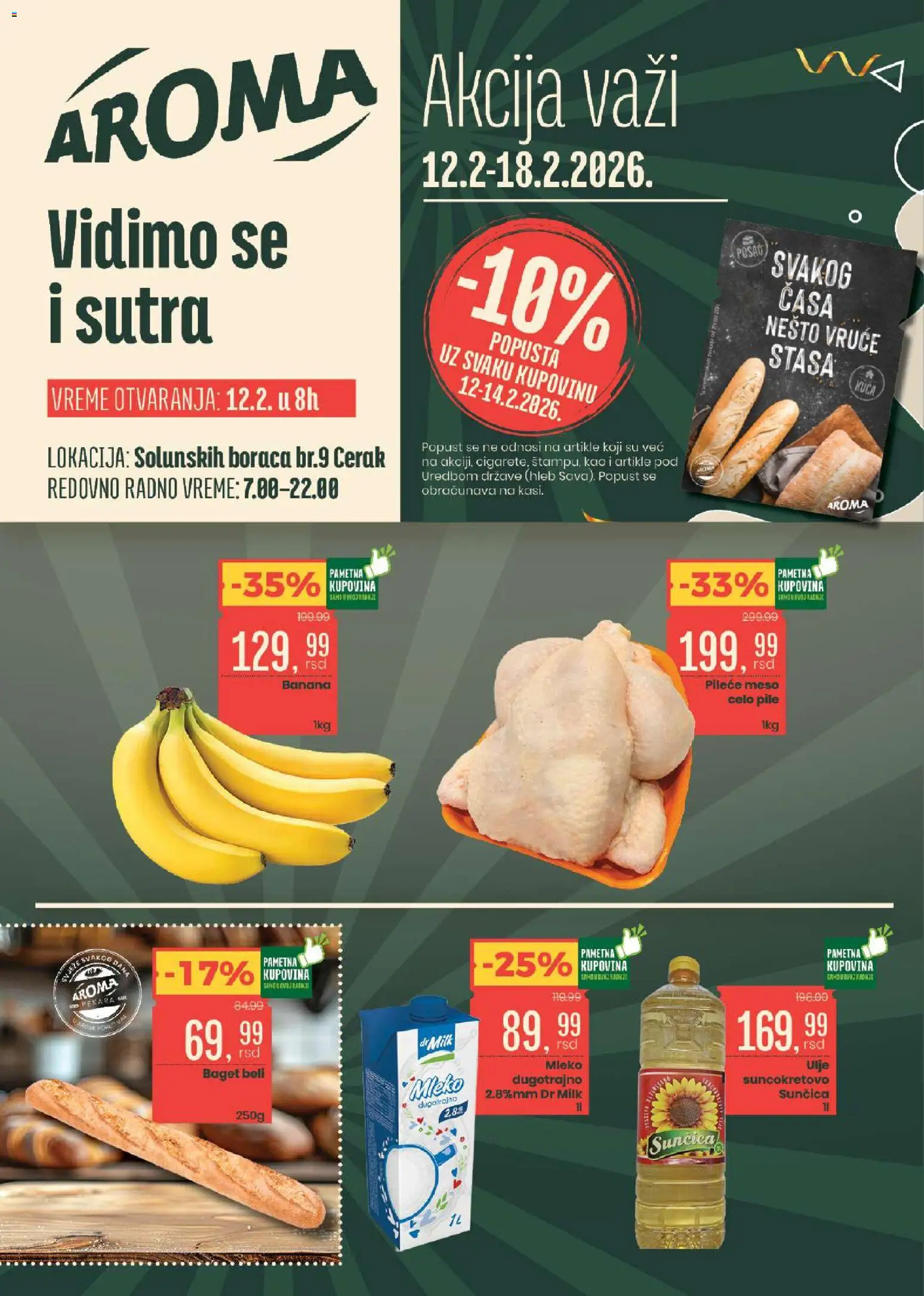 Aroma Market katalog - važi od 12.02.2026 | Strana: 1 | Proizvode: Banana, Pileće meso, Baget, Hleb