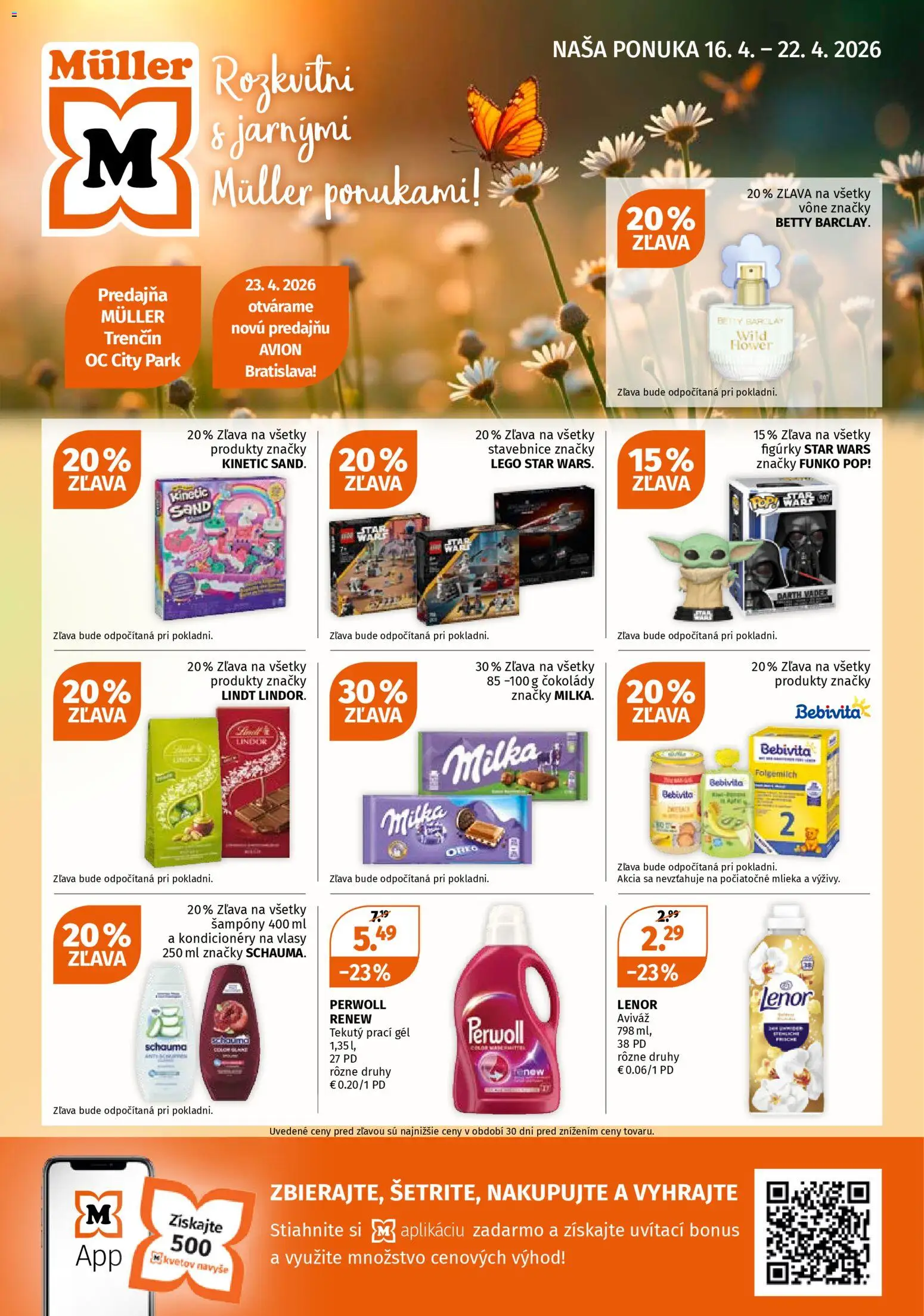 Nové Müller akcie – leták je platný od 16.04.2026 | Strana: 1 | Produkty: Perwoll, LEGO, Aviváž, Milka