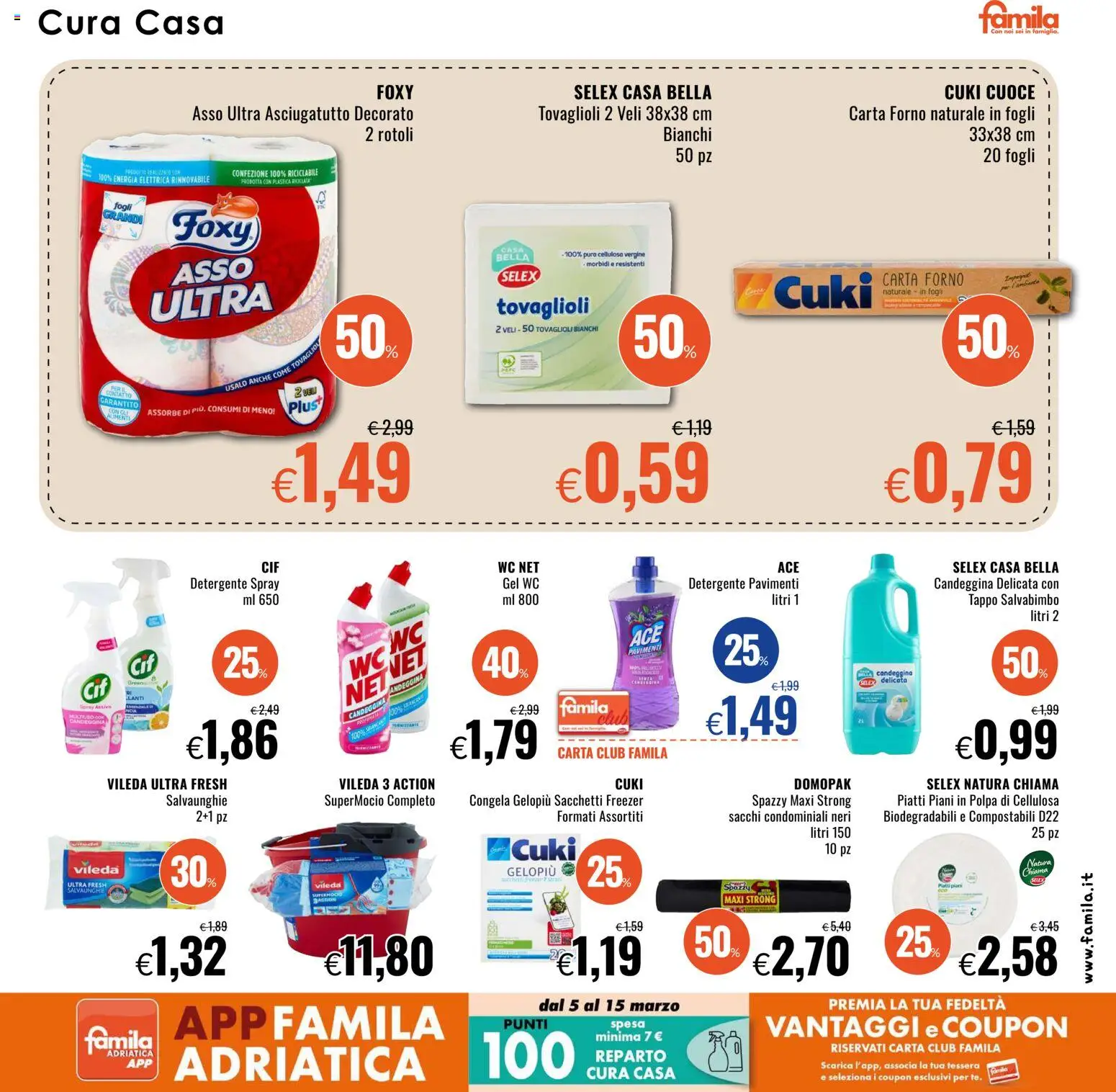 Volantino Famila del 05.03.2026 | Pagina: 21 | Prodotti: Detergente, Candeggina, Asciugatutto, WC
