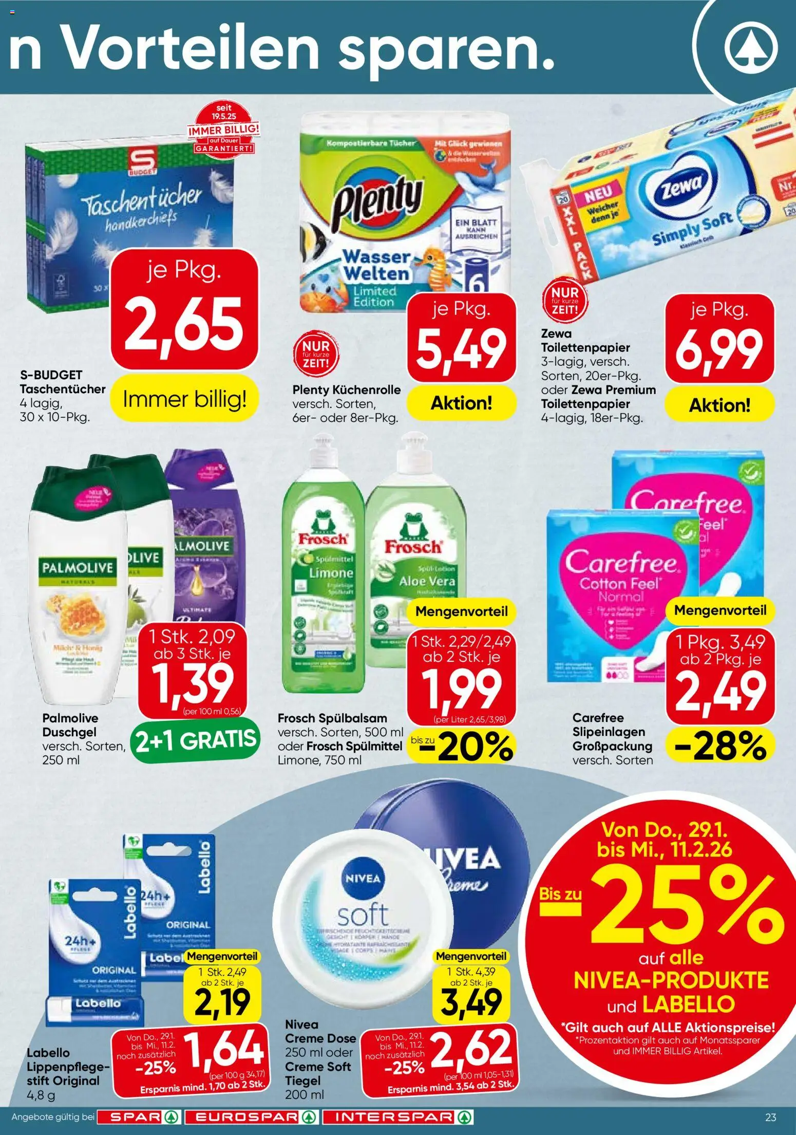 Spar Flugblatt - Kärnten gültig ab 29.01.2026 | Seite: 23 | Produkte: Wasser, Milch, Creme, Duschgel