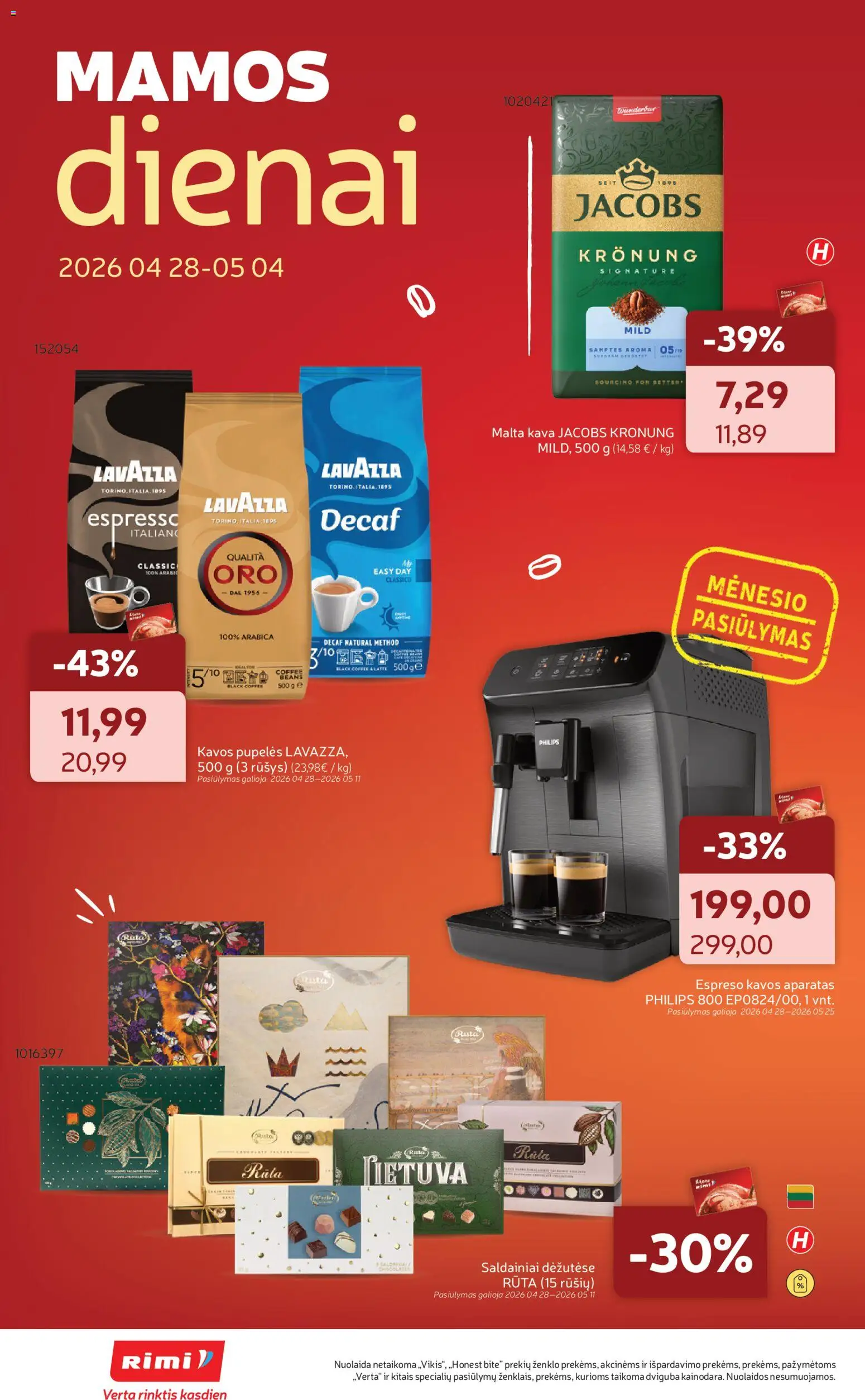 Rimi akcijos nuo 28.04.2026 | Puslapis: 24 | Prekių: Pupelės, Kavos pupelės, Kava, Kavos aparatas