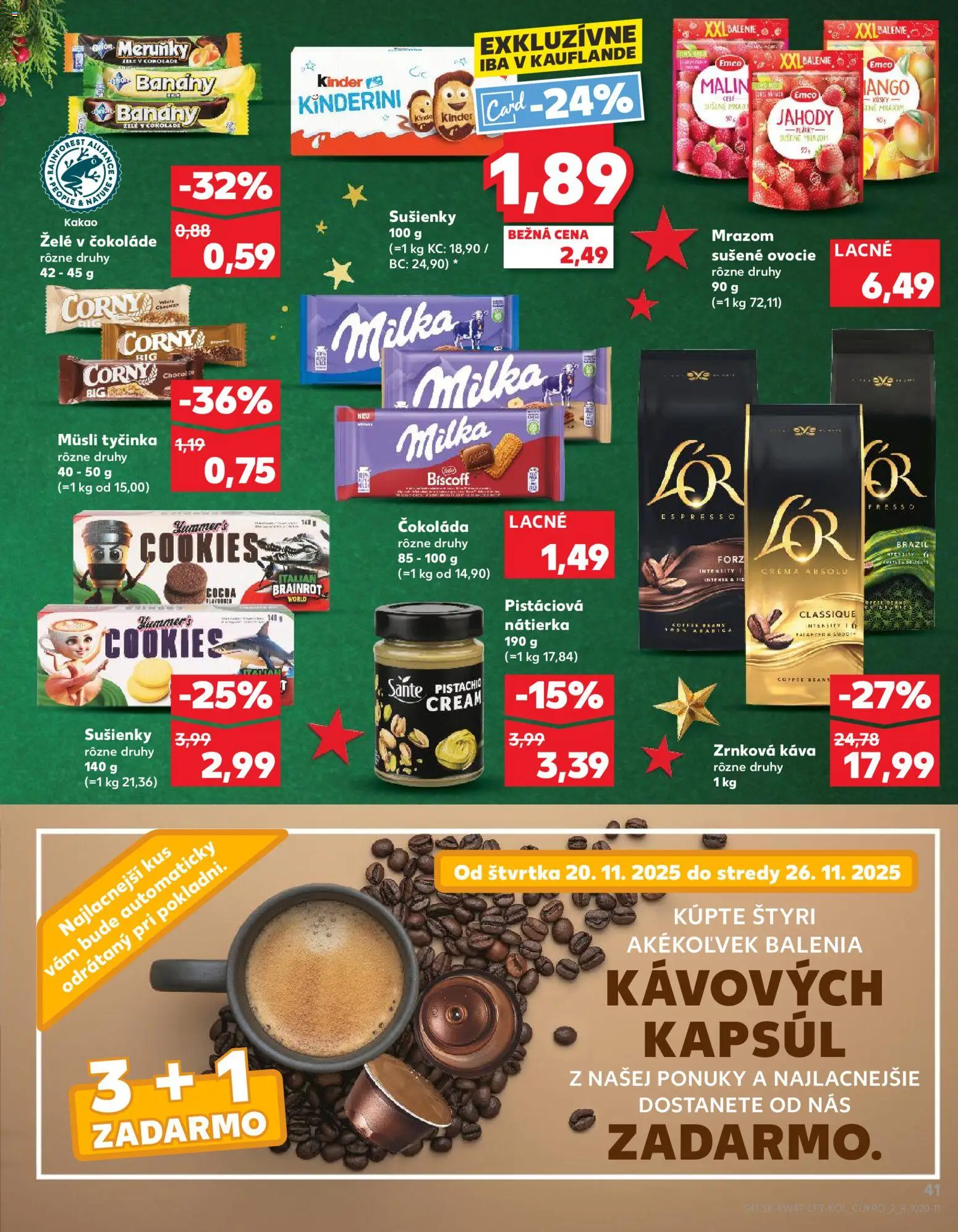 Nové Kaufland akcie – leták je platný od 20.11.2025 | Strana: 41 | Produkty: Banány, Kinder, Zrnková káva, Kakao