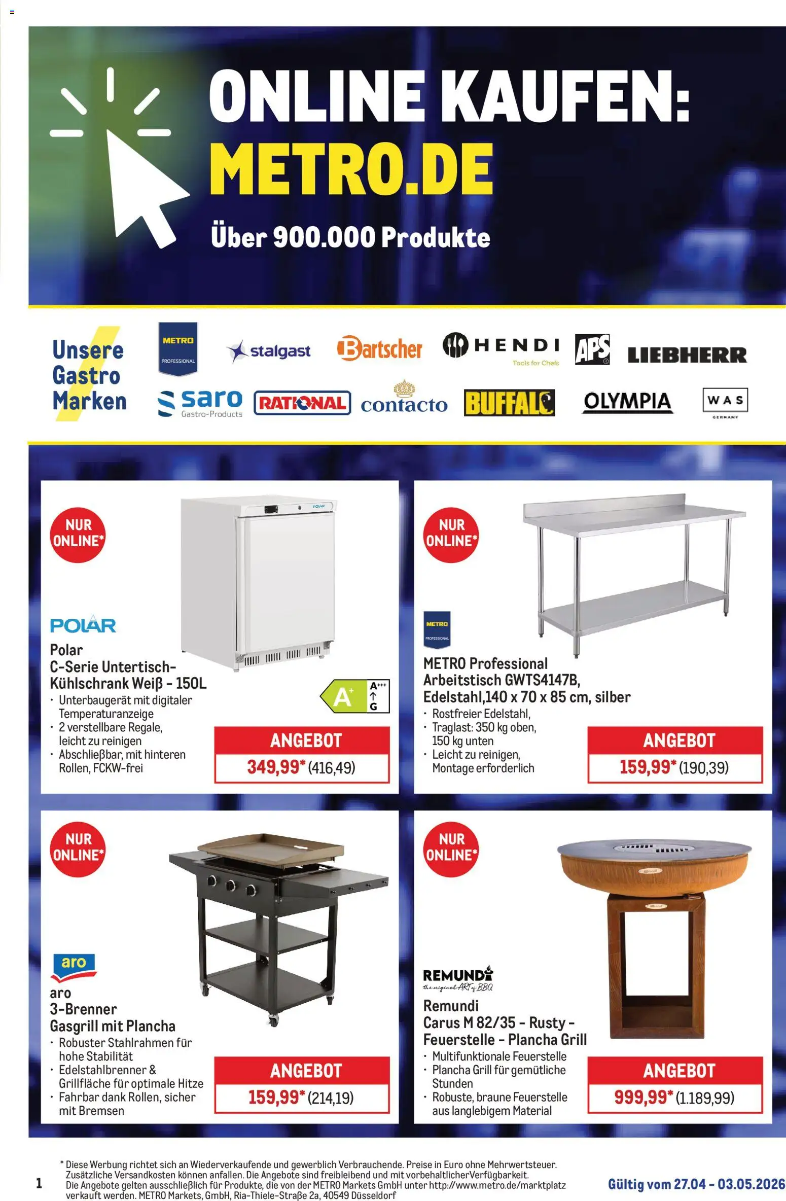 Metro Online: Wochen-Angebote – gültig ab 27.04.2026 | Seite: 1 | Produkte: Liebherr, Grill, Arbeitstisch, Kühlschrank