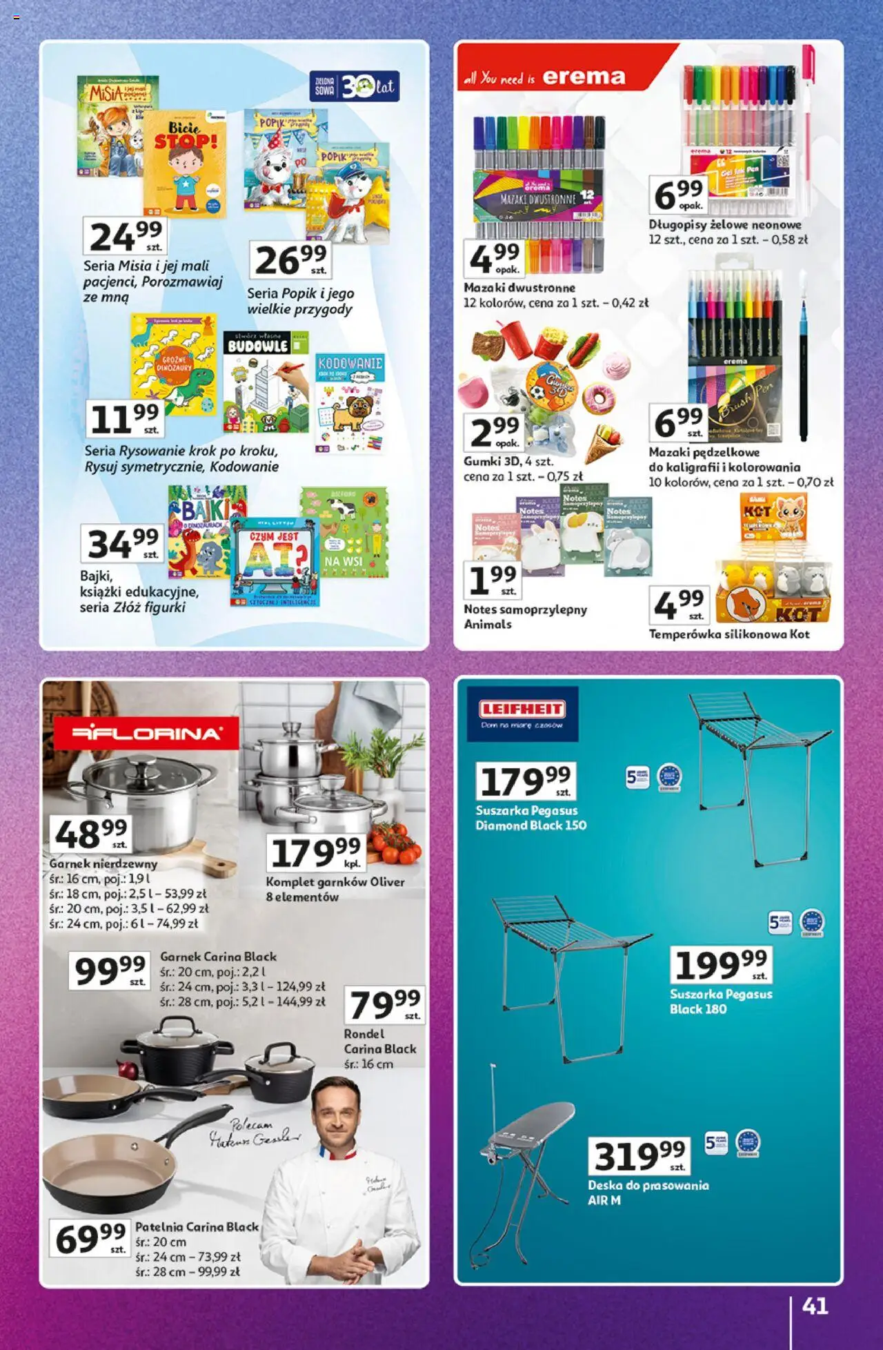 Auchan Gazetka - Znane Marki Duży Wybór Hipermarket od 12.06.2025 | Strona: 41 | Produkty: Suszarka, Temperówka, Książki, Deska do prasowania