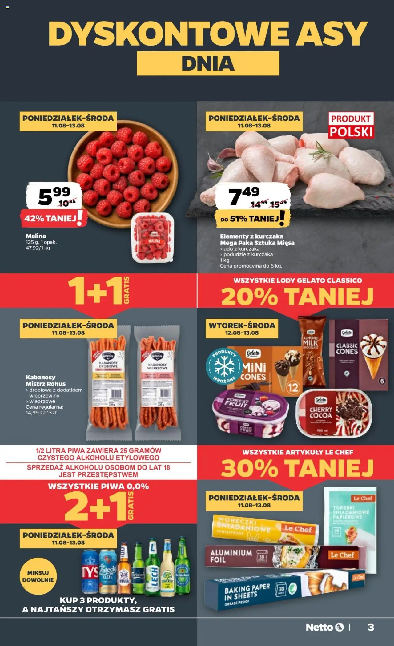 Netto gazetka - Spożywcza od 11.08.2025 | Strona: 3 | Produkty: Kabanosy drobiowe, Kabanosy, Lody, Torebki