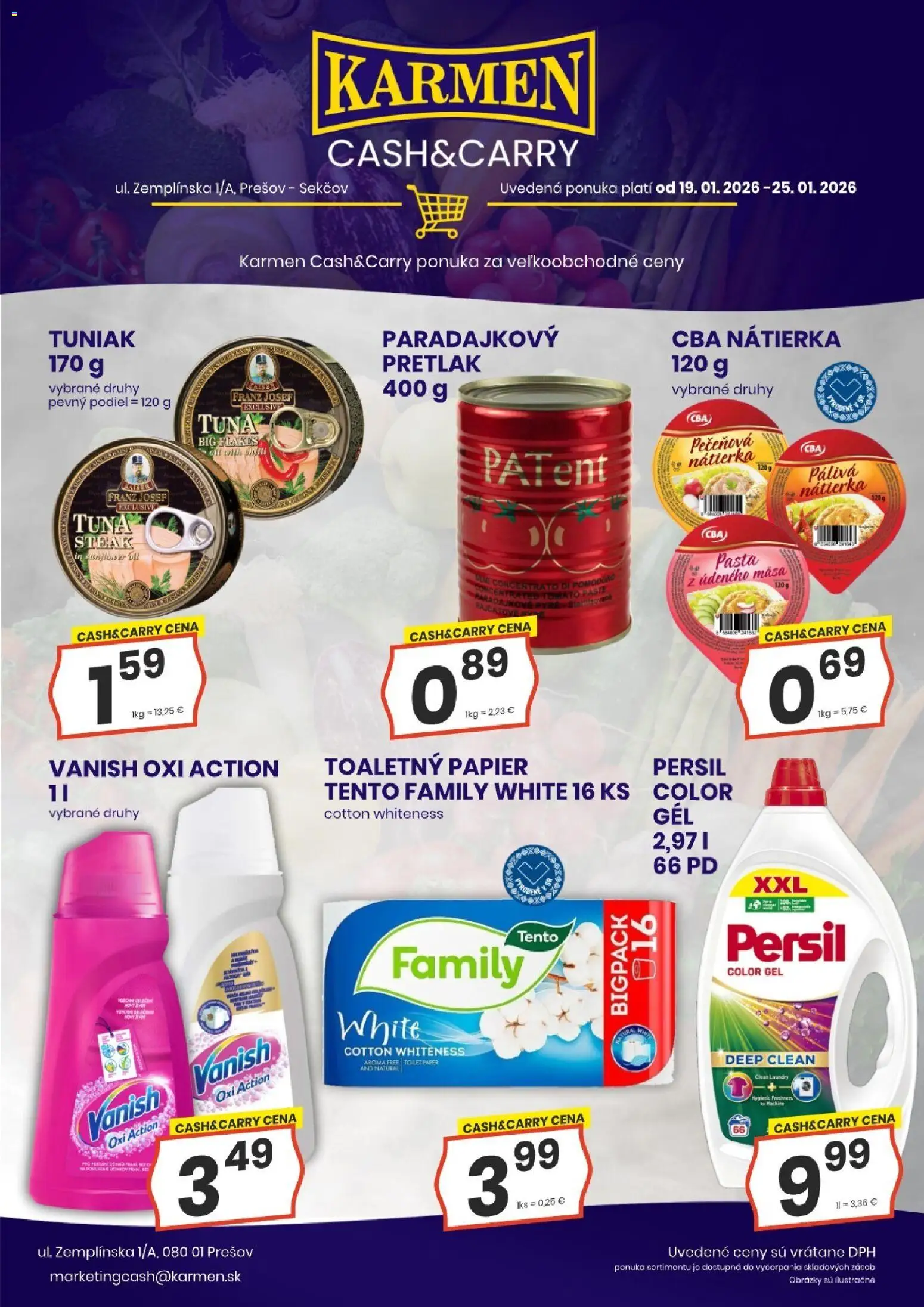 Nové KARMEN CBA akcie – leták je platný od 19.01.2026 | Strana: 2 | Produkty: Tuniak, Vanish, Toaletný papier, Steak