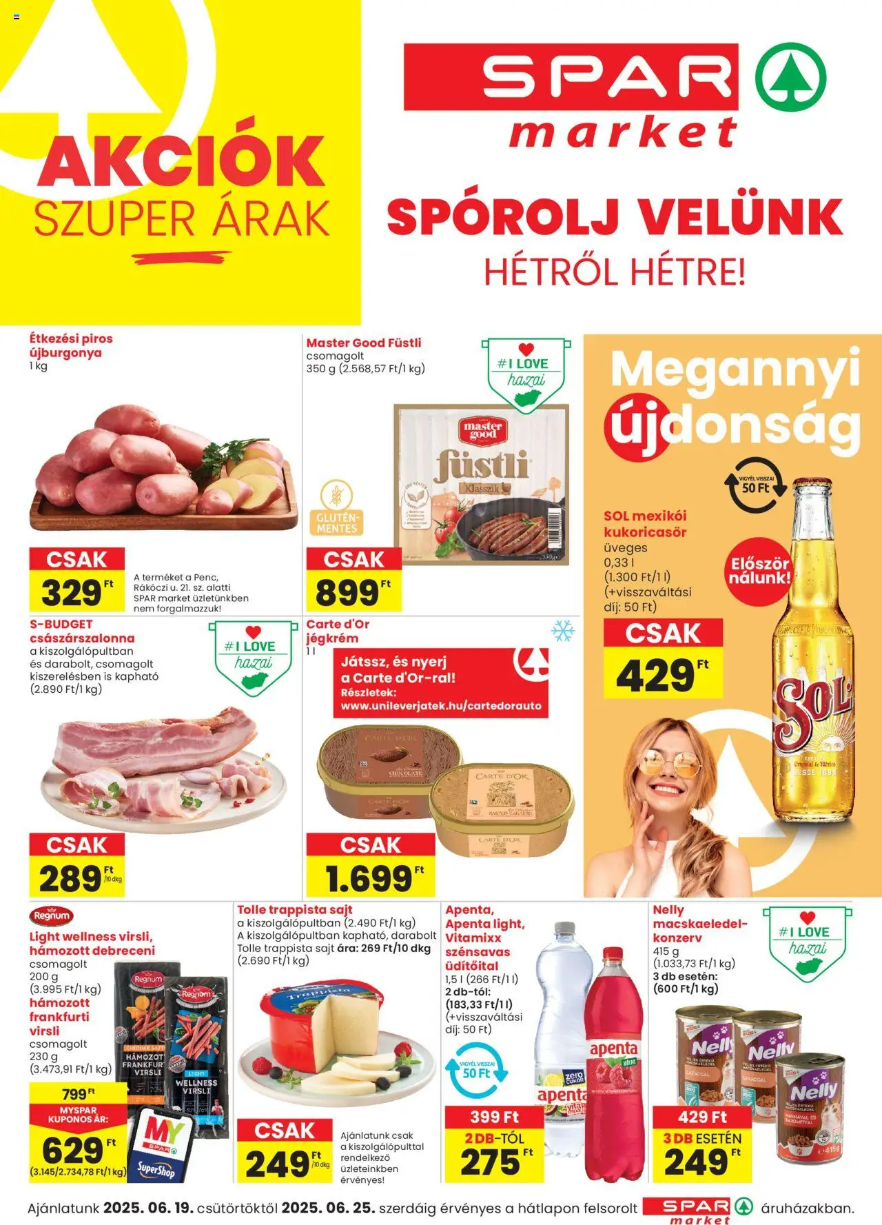 Spar Market akciós ujság - amely érvényes a következő dátumtól: 19.06.2025 | Oldal: 1 | Termékek: Debreceni, Sajt, Trappista sajt, Cukor