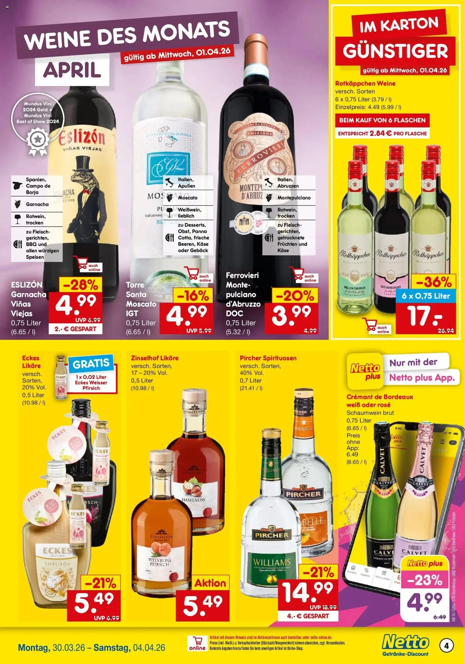 Netto Marken-Discount Prospekt Potsdam	 – gültig ab 29.03.2026 | Seite: 4 | Produkte: Käse, Pfirsich, Rotkäppchen, Fleisch