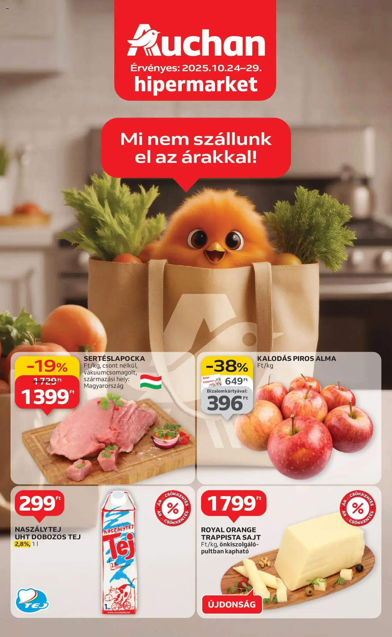 Auchan akciós ujság - amely érvényes a következő dátumtól: 24.10.2025 | Oldal: 1 | Termékek: Sertéslapocka, Tej, Sajt, Alma