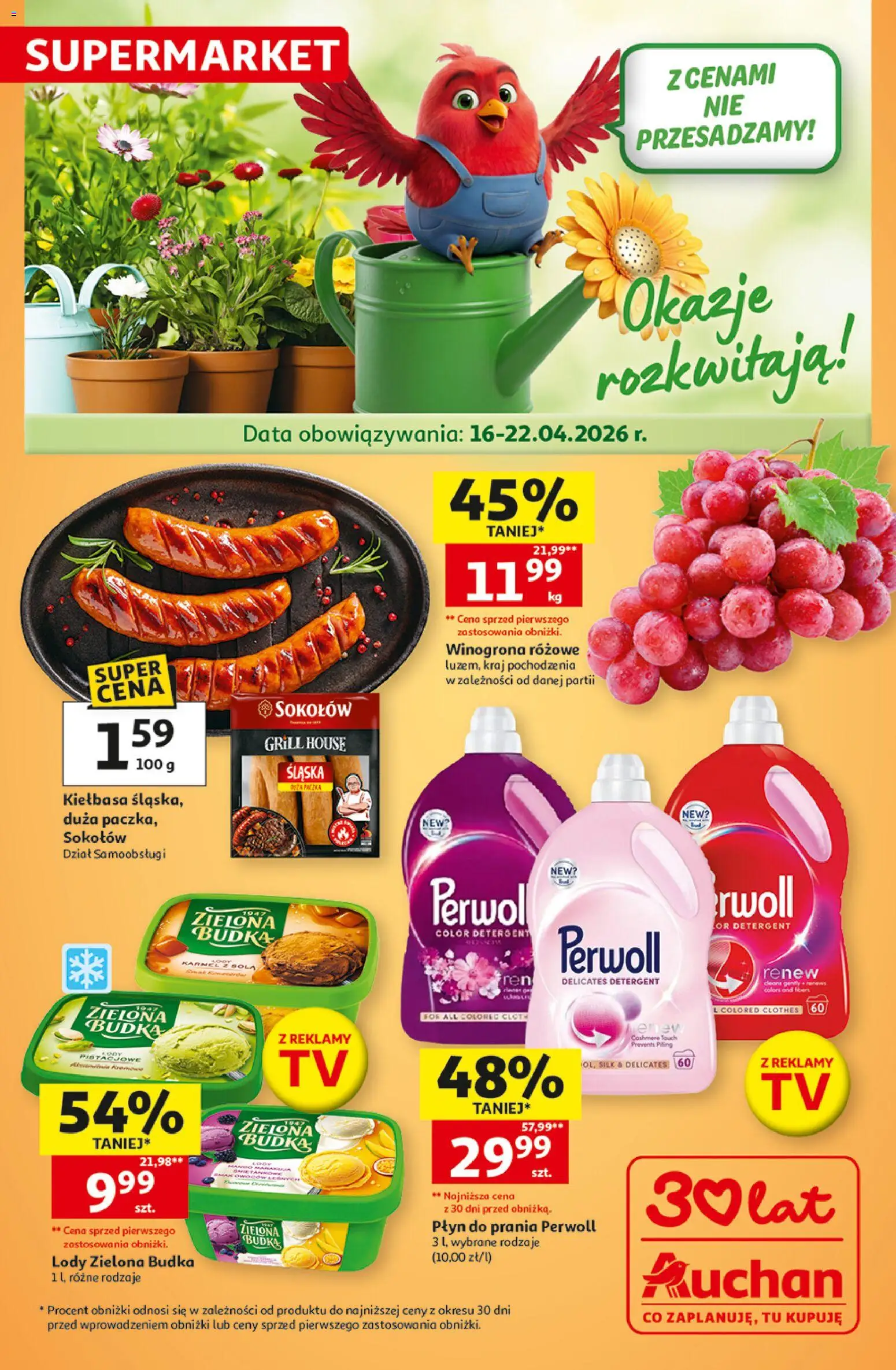 Auchan gazetka od 16.04.2026 | Strona: 1 | Produkty: Winogrona, Grill, Lody, Detergent