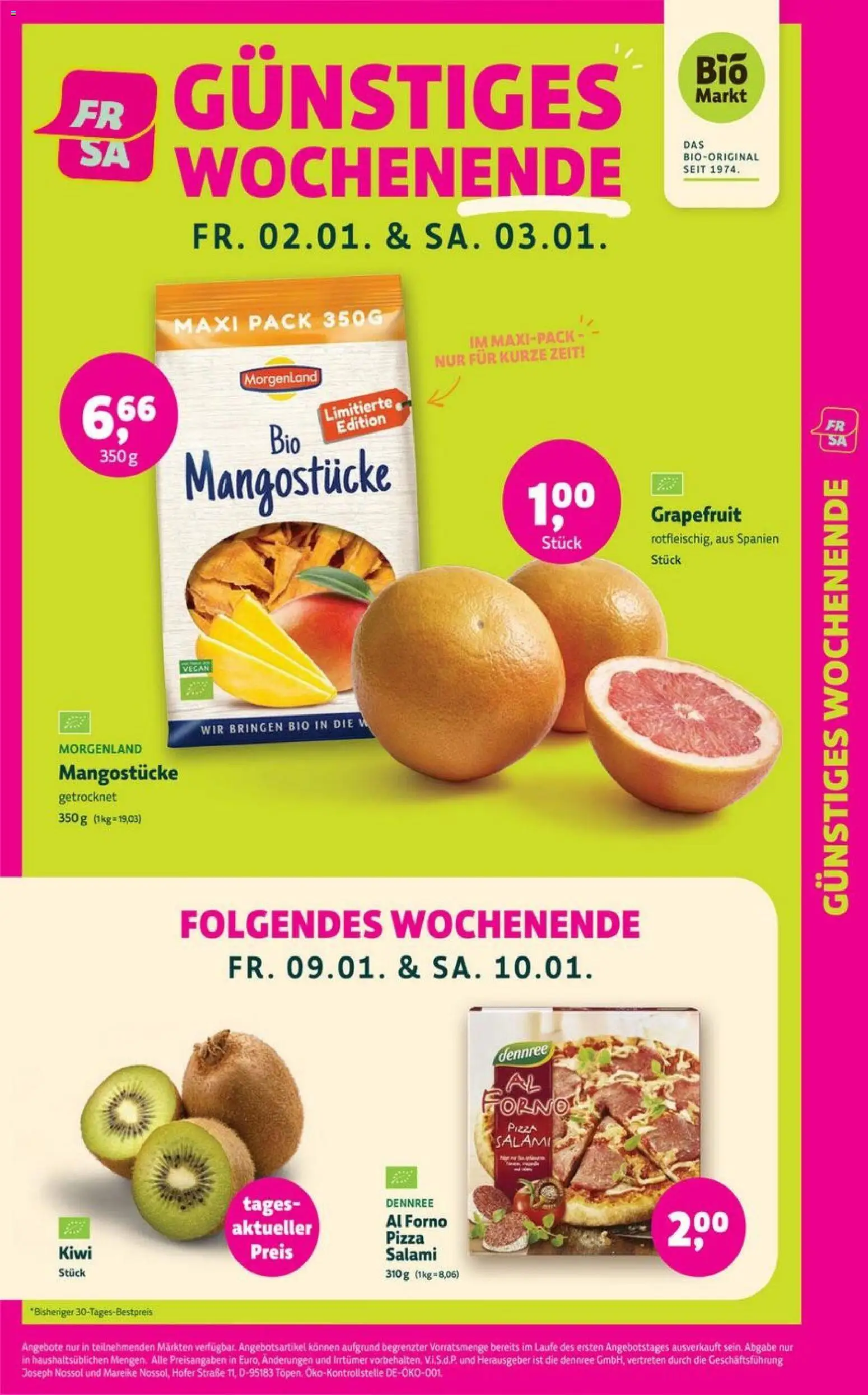 Denns BioMarkt Angebote – gültig ab 02.01.2025 | Seite: 2 | Produkte: Grapefruit, Salami, Pizza, Kiwi