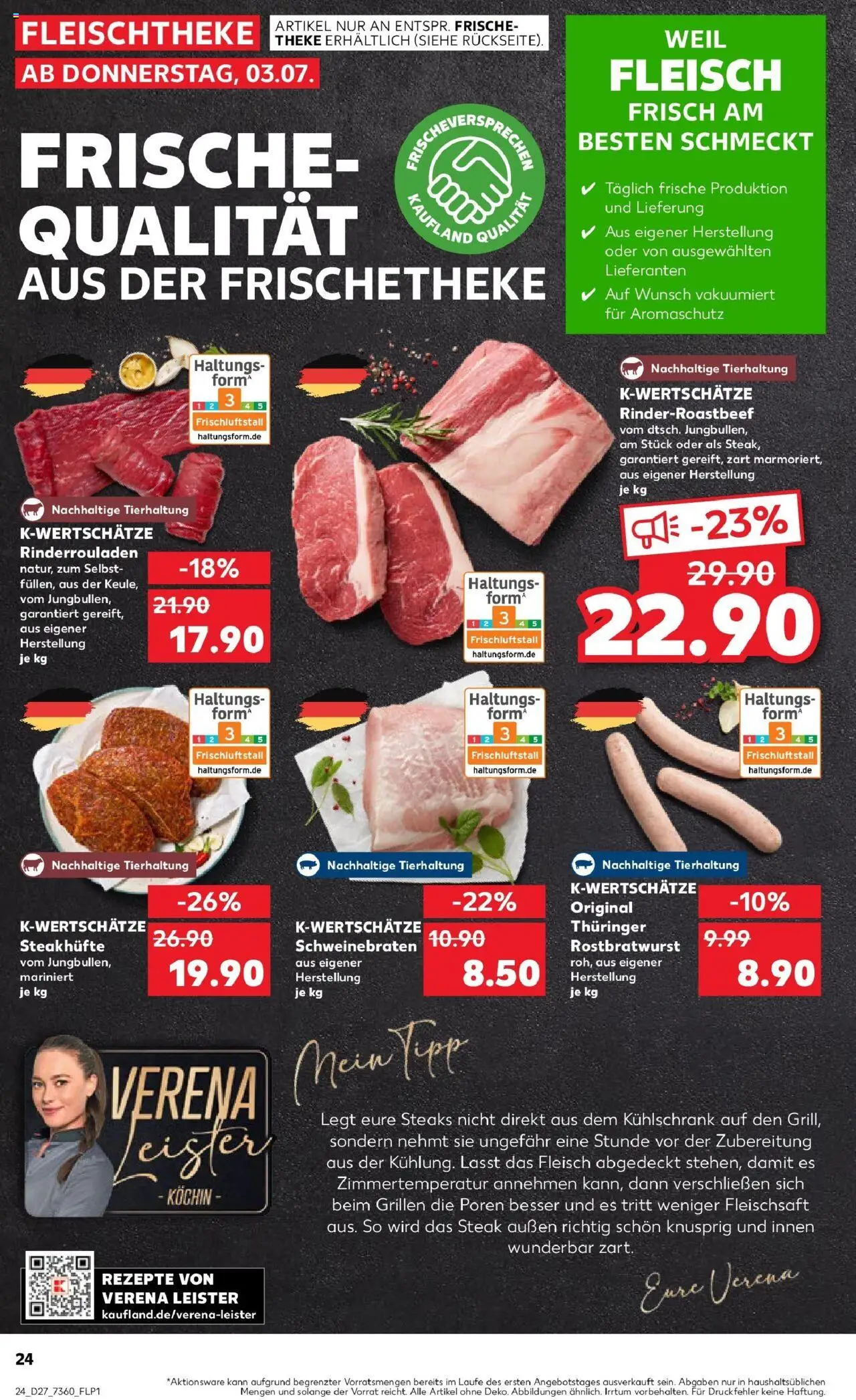 Kaufland prospekt Strausberg	 - gültig ab dem 03.07.2025 | Seite: 24 | Produkte: Rinderrouladen, Theke, Kühlschrank, Fleisch