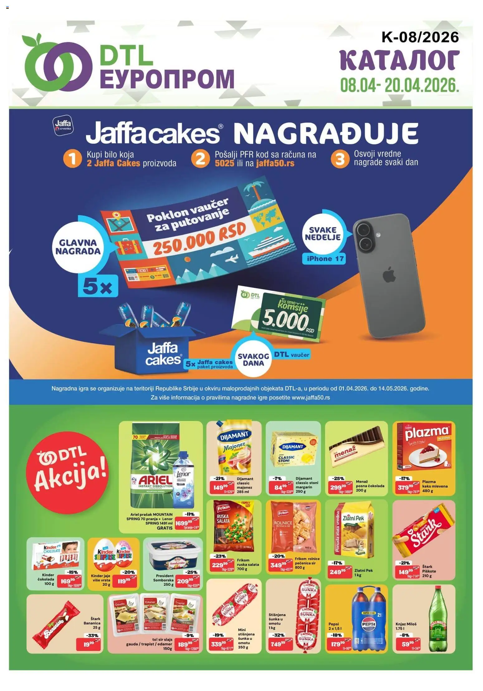 Europrom katalog - važi od 08.04.2026 | Strana: 1 | Proizvode: Piškote, Gouda, Čokolada, Šunka