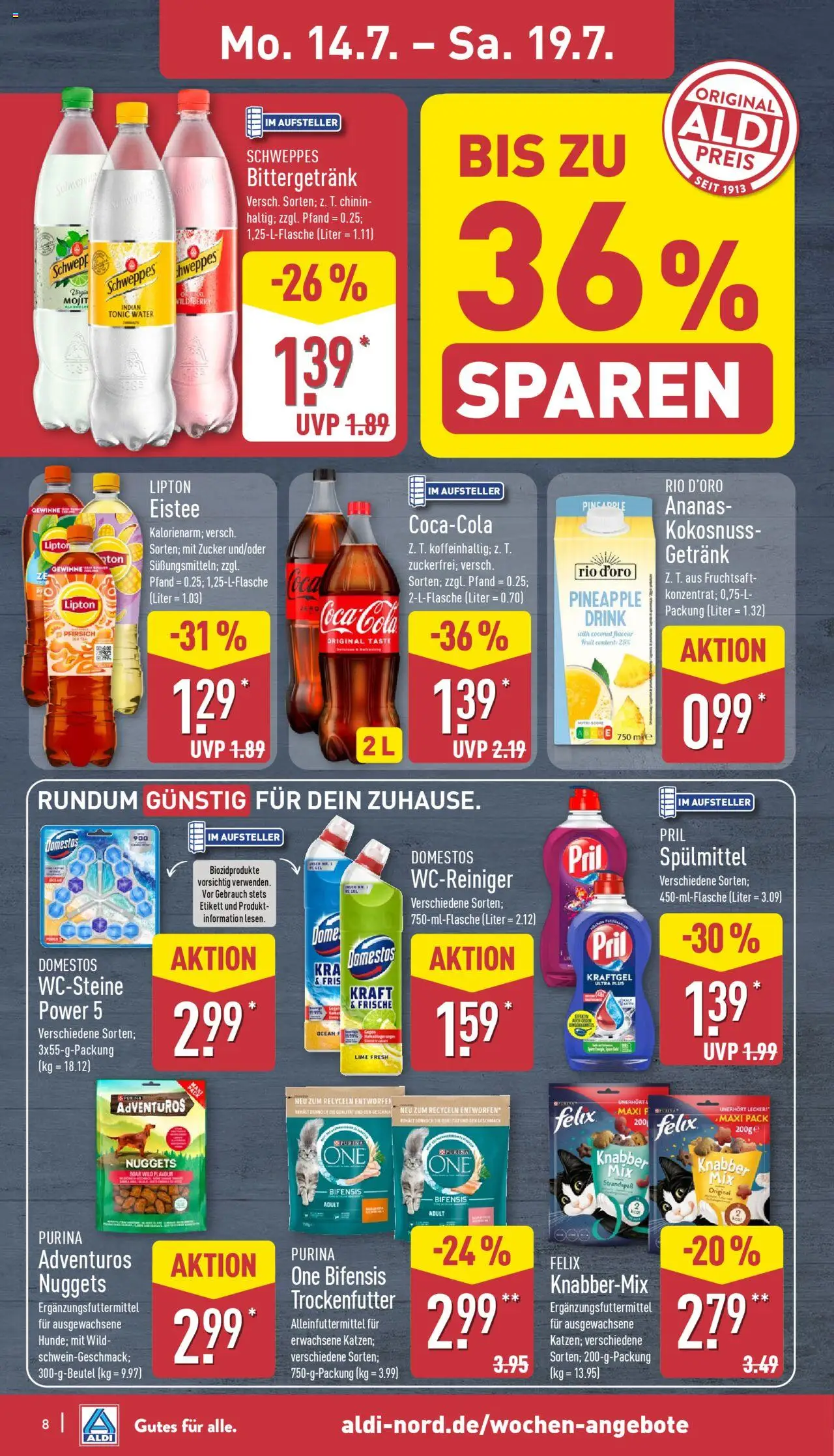 Aldi Prospekt 	 - gültig ab dem 14.07.2025 | Seite: 8 | Produkte: Purina one, Cola, Zucker, Fruchtsaft