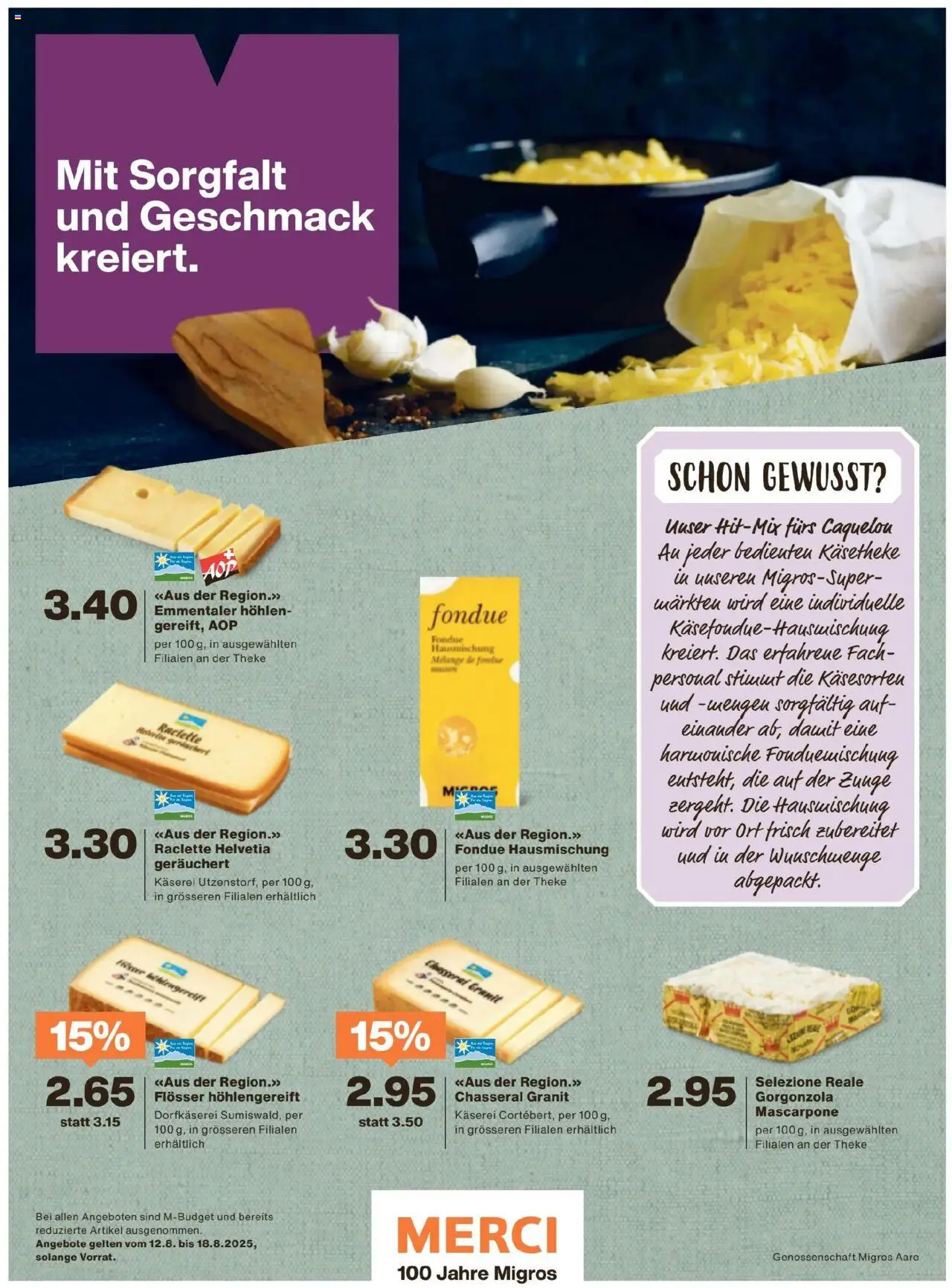 Migros - Magazin ab 12.08.2025 | Seite: 43 | Produkte: Mascarpone, Theke, Raclette, Fondue