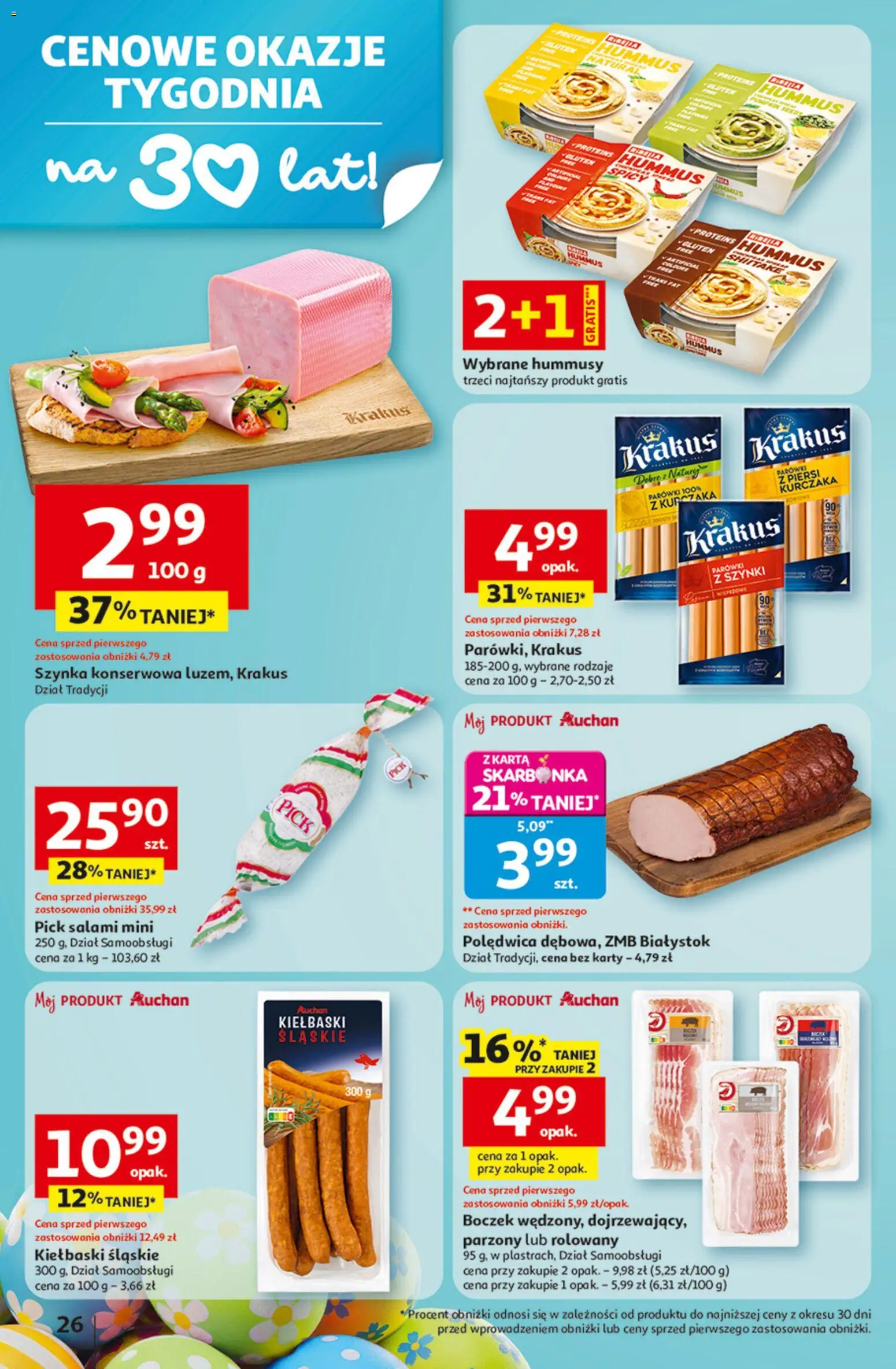 Auchan gazetka - 30 Lat Hipermarket od 12.03.2026 | Strona: 26 | Produkty: Karta, Piersi, Hummus, Salami