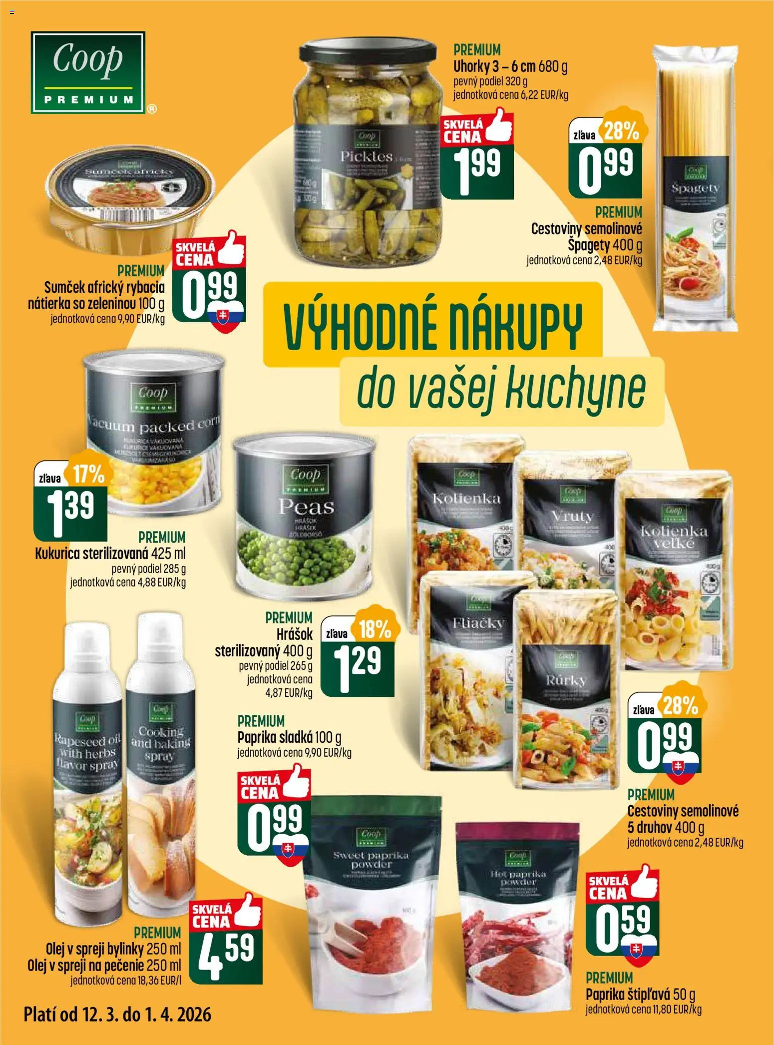 Nové COOP Jednota akcie – leták je platný od 12.03.2026 | Strana: 4 | Produkty: Olej, Cestoviny, Uhorky, Špagety