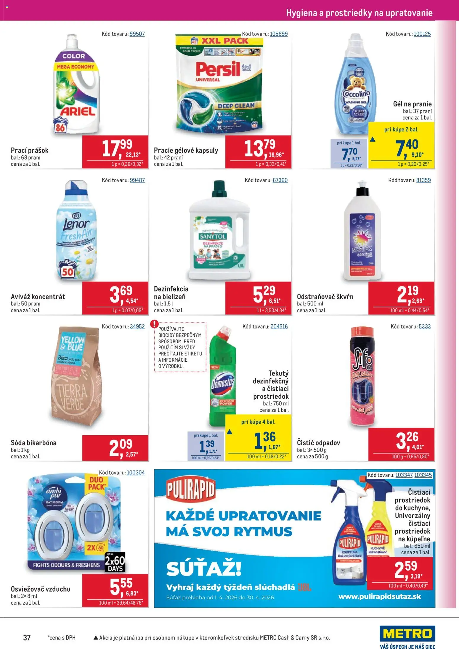 Nové Metro akcie – leták je platný od 08.04.2026 | Strana: 37 | Produkty: Osviežovač vzduchu, Slúchadlá, Aviváž, Domestos