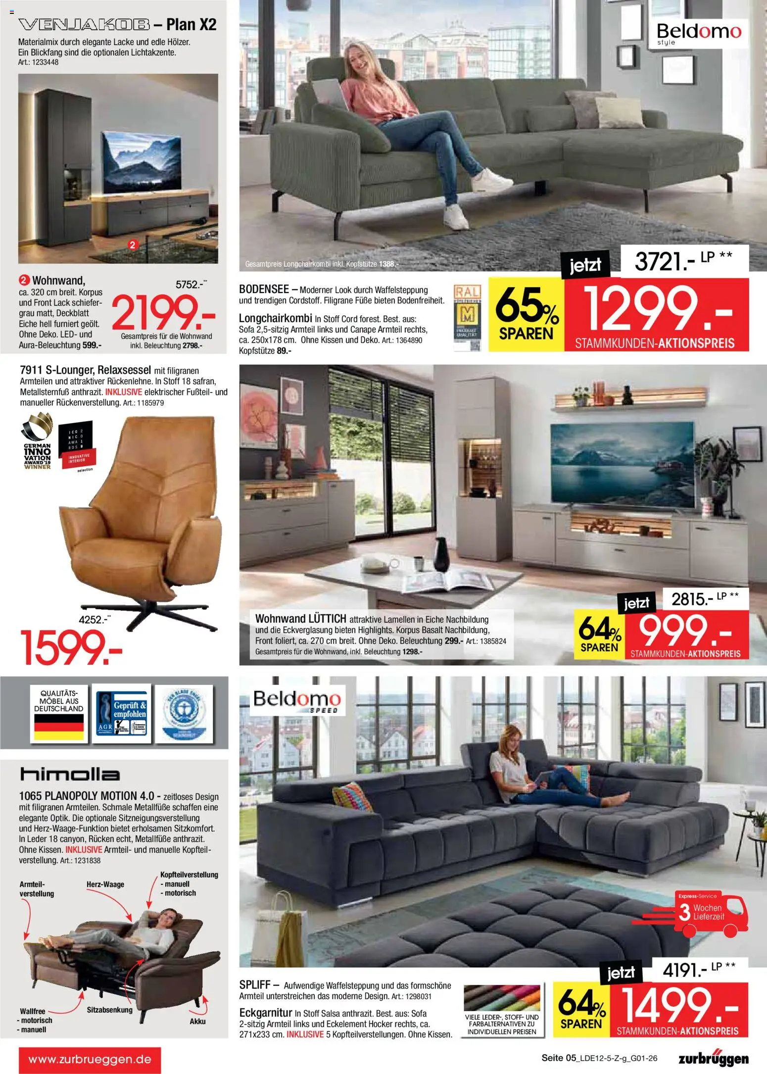 Zurbrüggen - Inventur-Verkauf – gültig ab 26.12.2025 | Seite: 5 | Produkte: Hocker, Relaxsessel, Wohnwand, Sofa