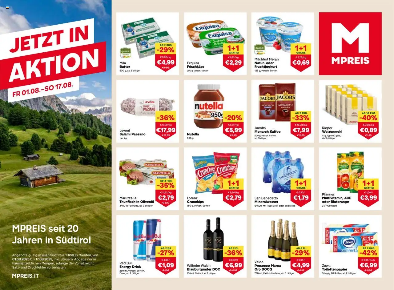 MPREIS Algund gültig ab 01.08.2025 | Seite: 1 | Produkte: Butter, Joghurt, Kaffee, Salami