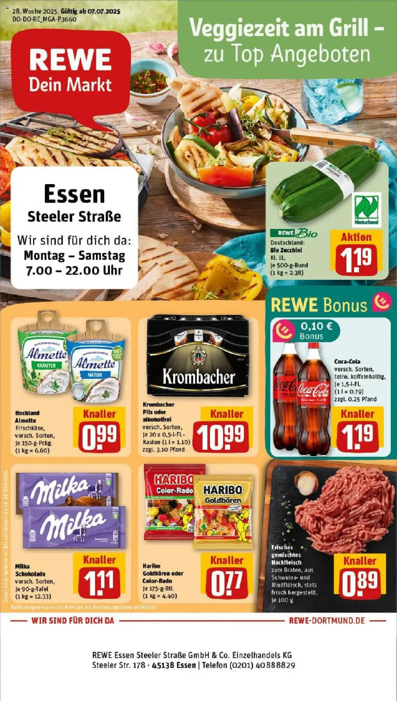 Rewe prospekt Essen	 - gültig ab dem 06.07.2025 | Seite: 1 | Produkte: Schokolade, Pils, Zucchini, Telefon