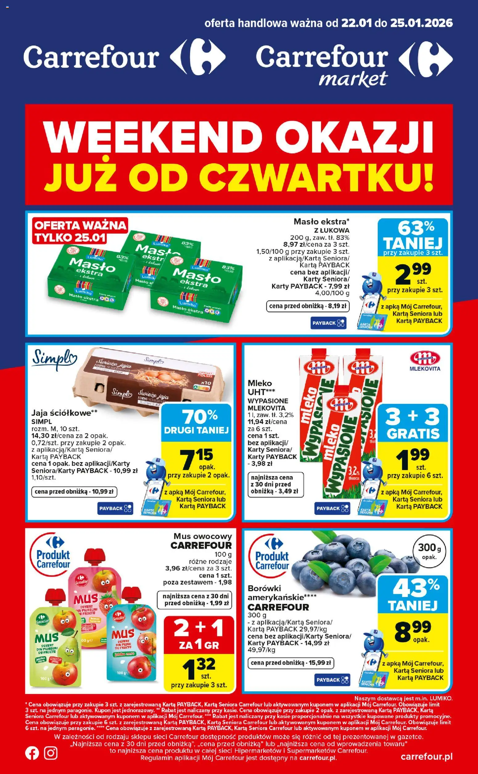 Carrefour Gazetka - Weekend okazji od 22.01.2026 | Strona: 1 | Produkty: Karta, Mleko, Masło, Jaja