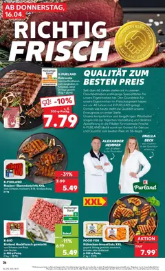 K-PURLAND Entrecote, feinstes Rindfleisch vom Jungbullen, in Scheiben, mind. 21 Tage gereift ab 16.04.2026 gültig | Seite: 26 | Produkte: Entrecote, Rindfleisch, Steak, Hackfleisch