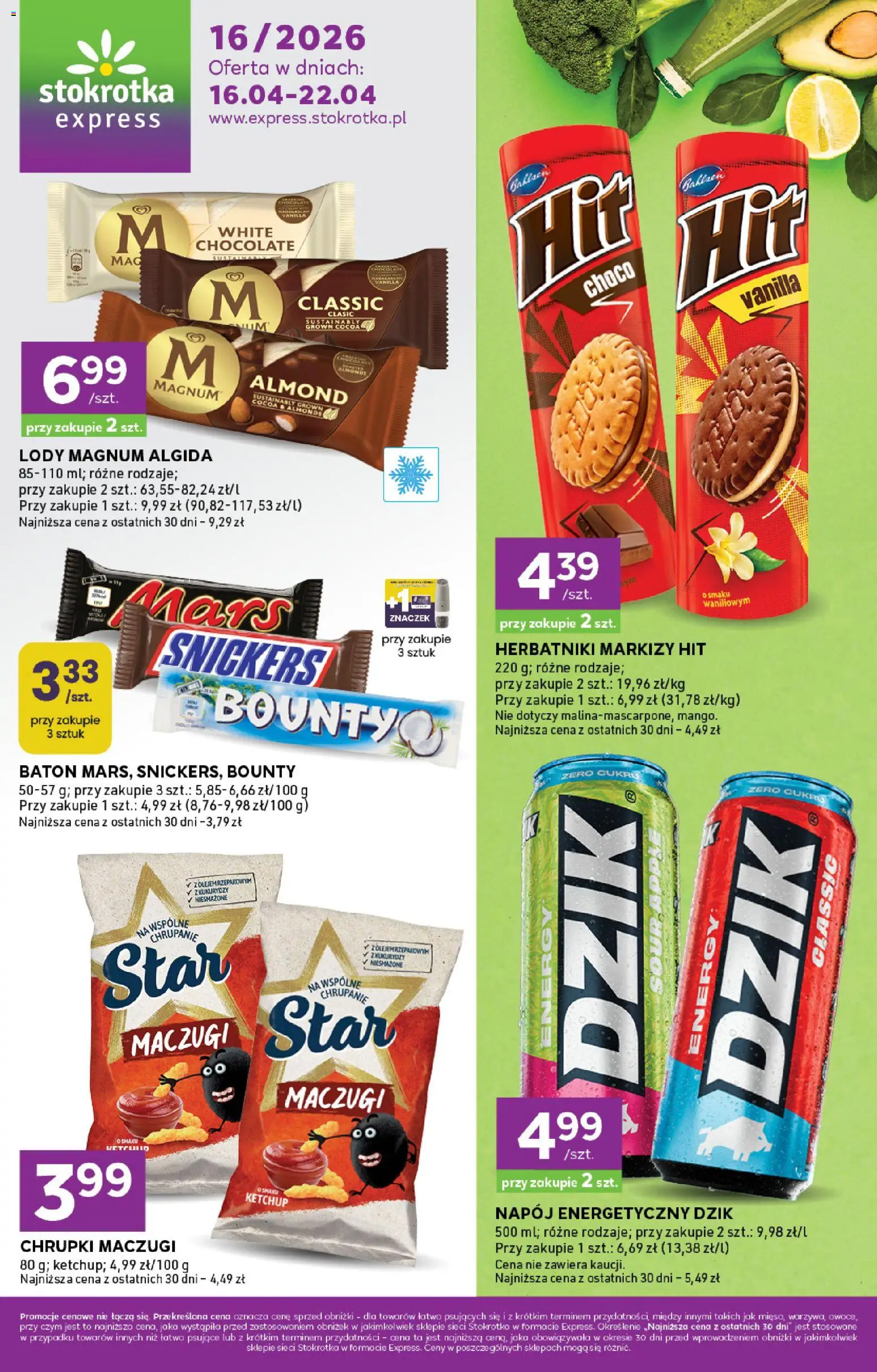 Stokrotka gazetka - Express od 16.04.2026 | Strona: 1 | Produkty: Stokrotka, Baton, Lody Magnum, Lody