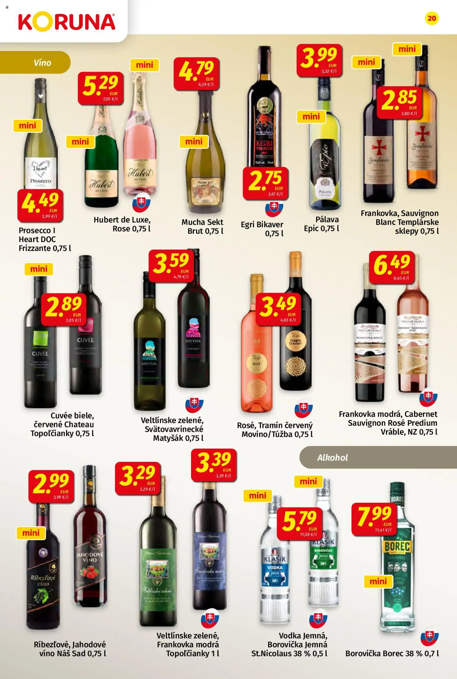 Nové Koruna akcie – leták je platný od 24.10.2025 | Strana: 20 | Produkty: Víno, Borovička, Vodka, Alkohol