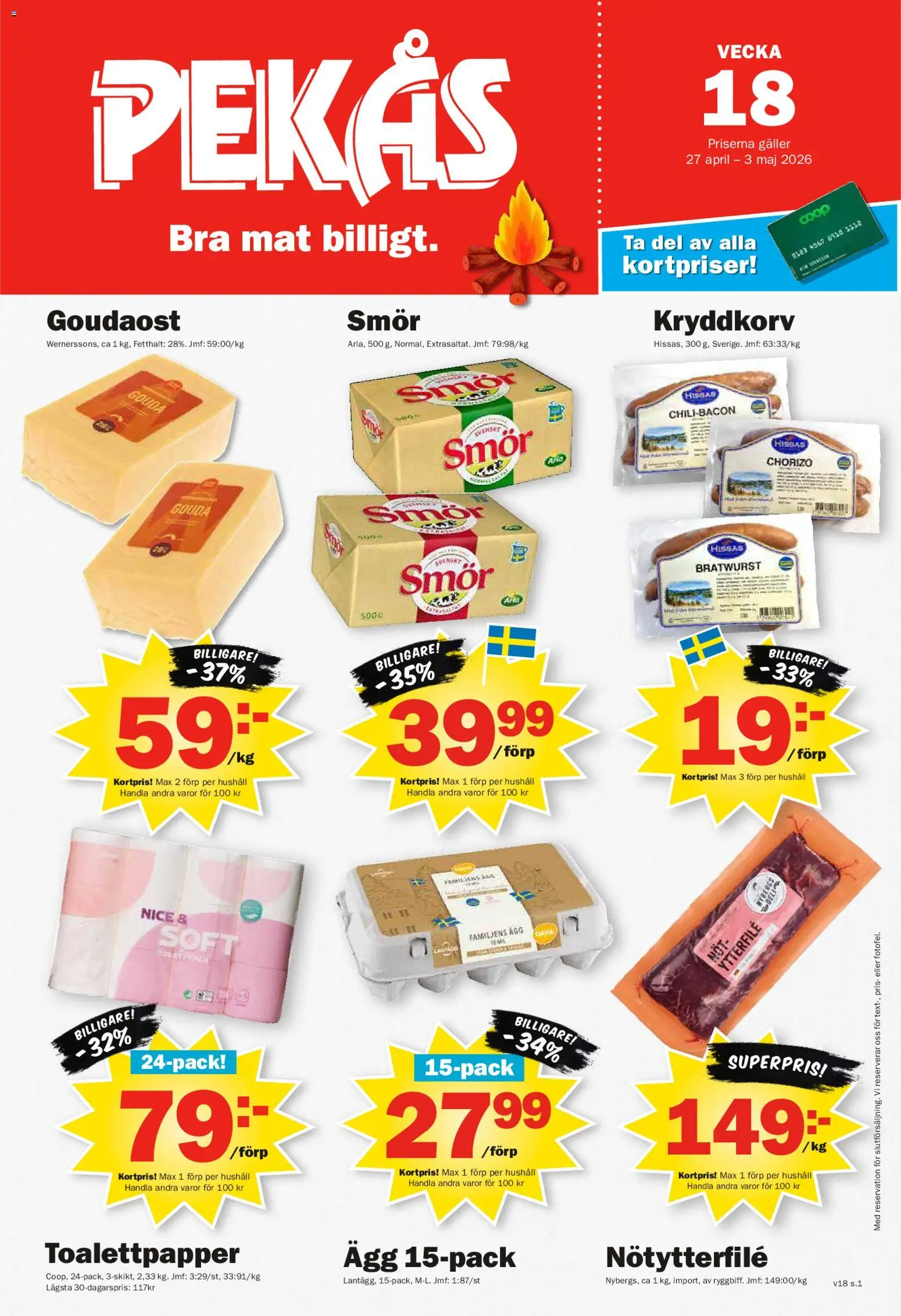 Pekås reklamblad aktuell från 27.04.2026 | Sida: 1 | Produkter: Toalettpapper, Smör, Ägg, Chorizo