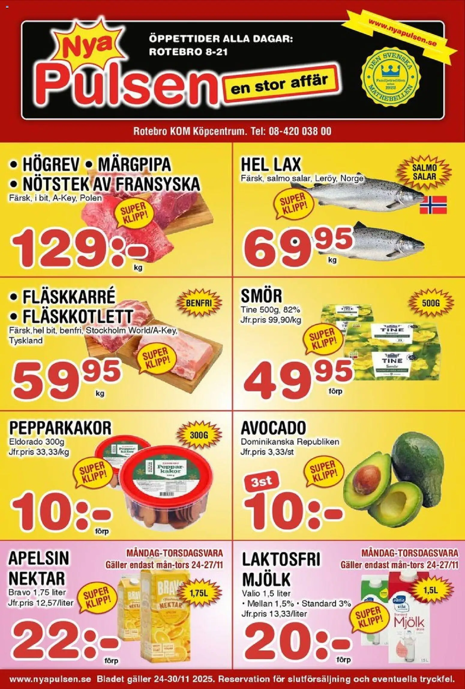 Nya Pulsen reklamblad aktuell från 24.11.2025 | Sida: 1 | Produkter: Avocado, Lax, Peppar, Smör