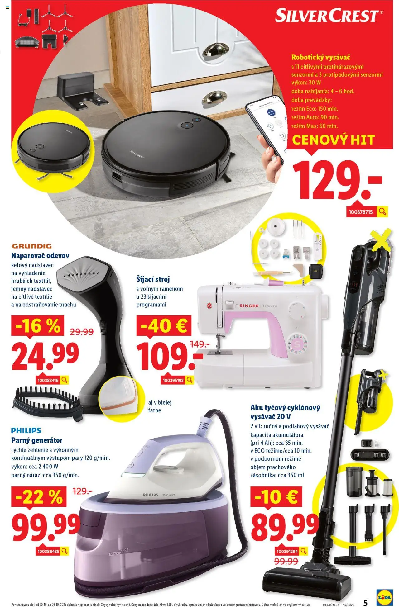 Nové Lidl akcie – leták je platný od 20.10.2025 | Strana: 5 | Produkty: Naparovač odevov, Robotický vysávač, Šijací stroj, Aku