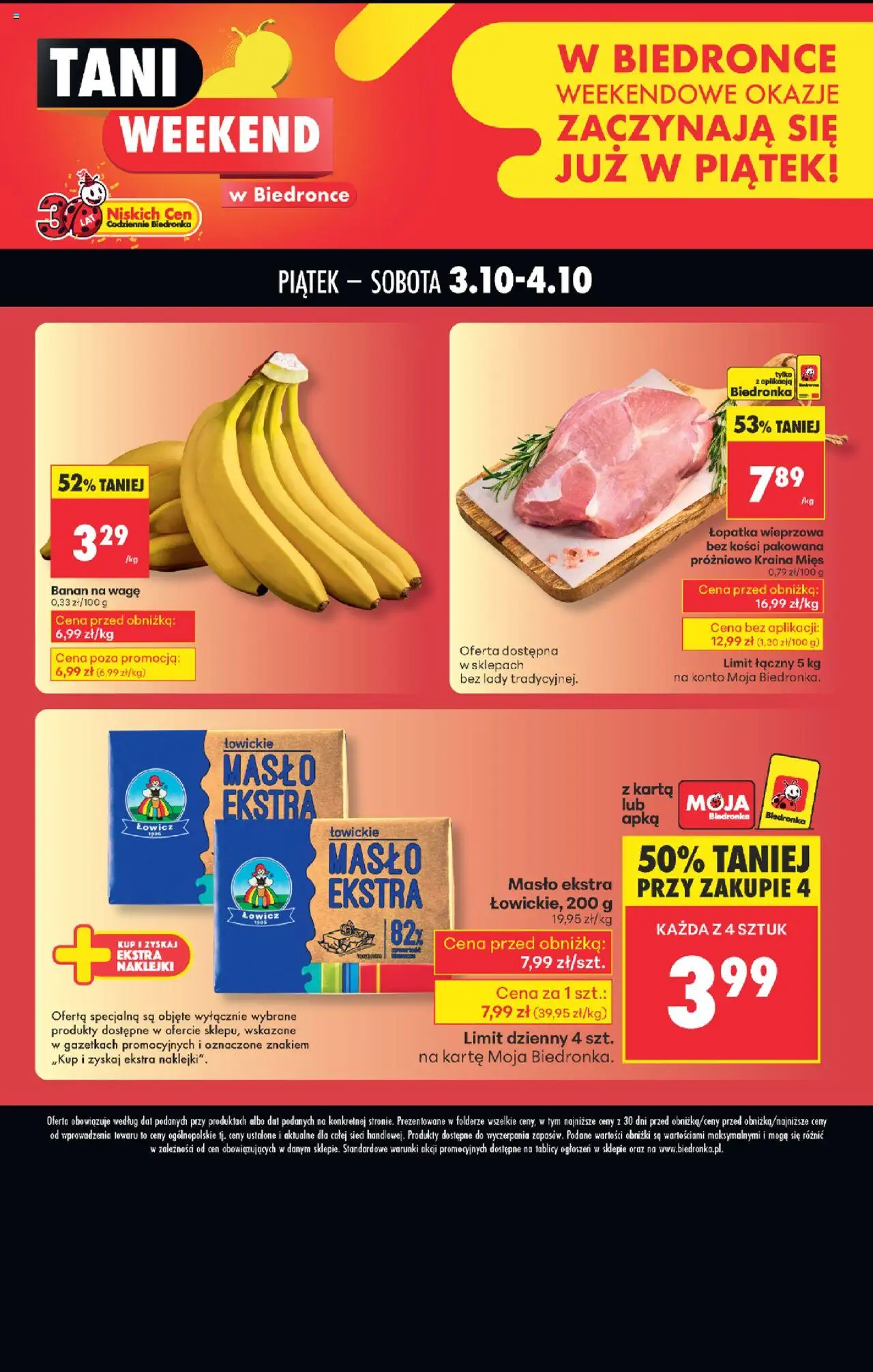 Biedronka gazetka - Tani weekend od 03.10.2025 | Strona: 1 | Produkty: Karta, Naklejki, Łopatka wieprzowa, Banan