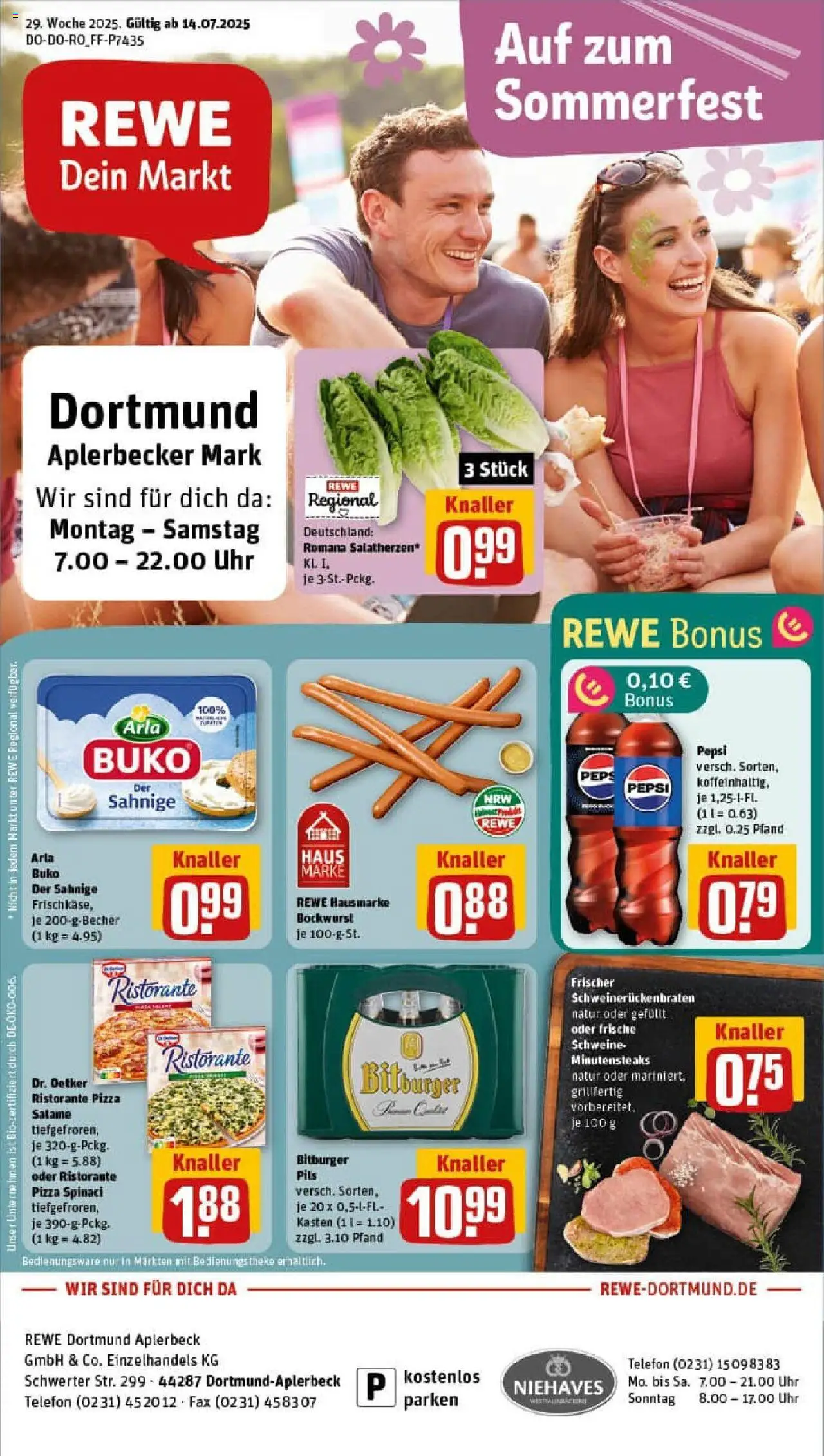 Rewe prospekt Dortmund	 - gültig ab dem 14.07.2025 | Seite: 1 | Produkte: Bockwurst, Arla buko, Pepsi, Pizza